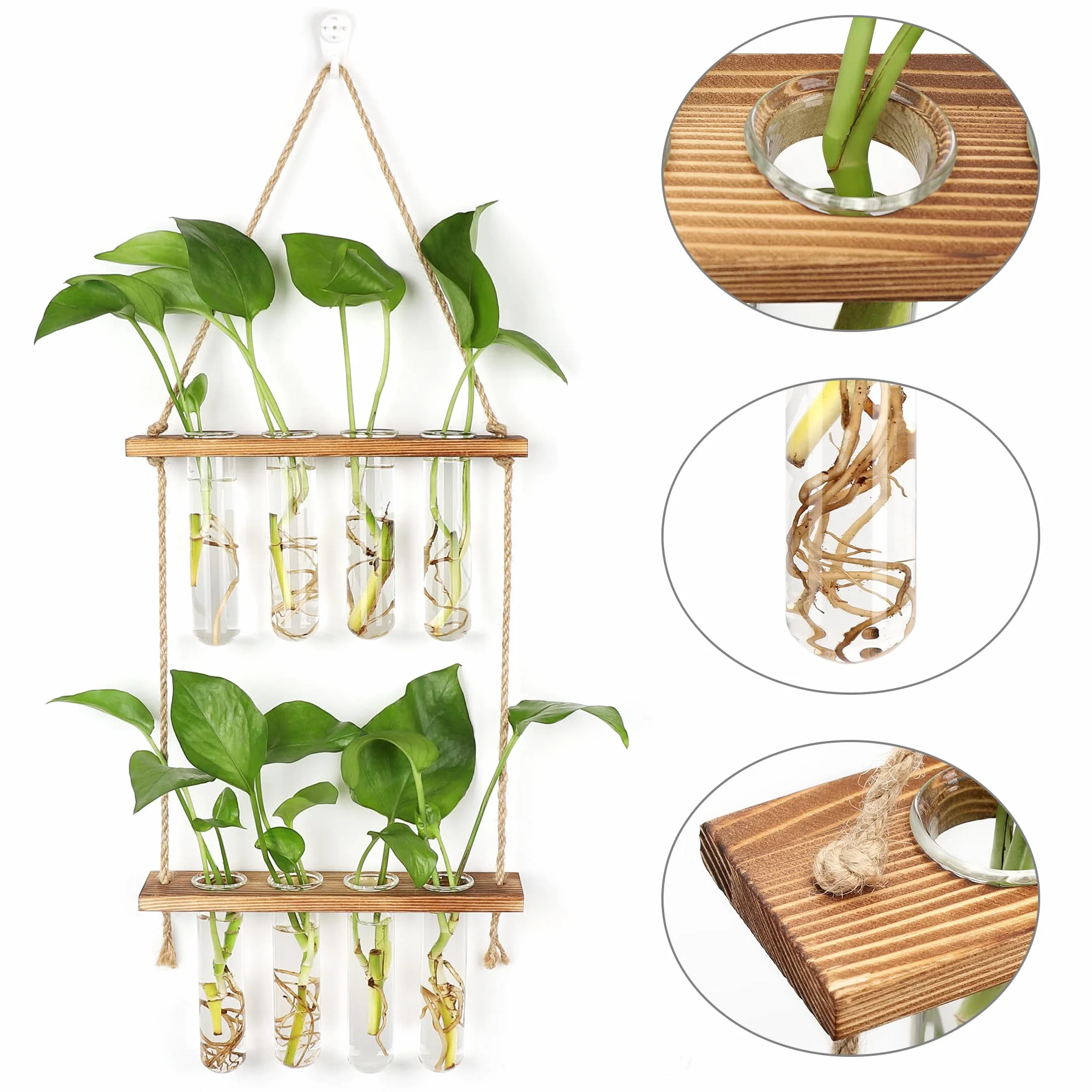 Hyindoor Station de Propagation avec Support en Bois Vase Mural 8 Tubes à Essai en Verre pour Plantes Hydroponiques