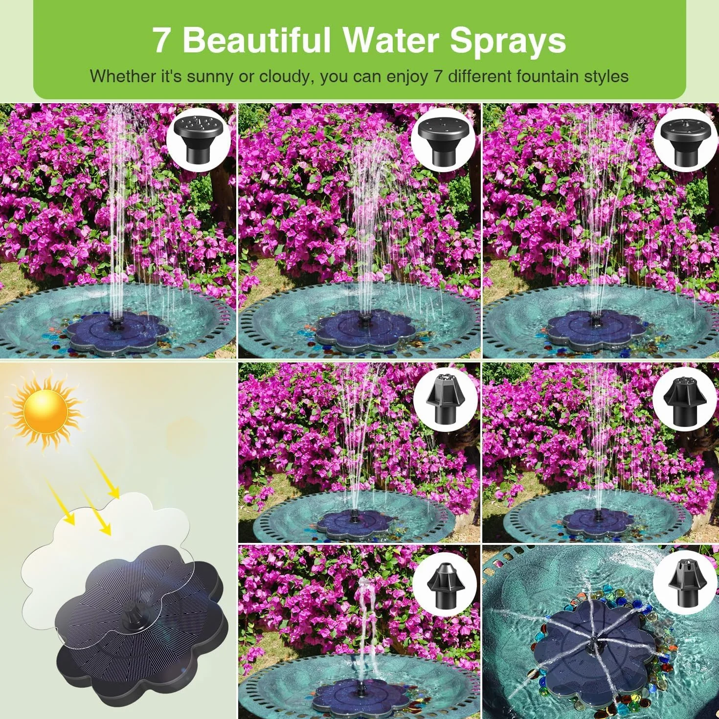 Fontaine Solaire 3.5W Extérieure Flottante Pompe Bassin Solaire 2000mAh Batterie 7 Buses pour Bain d'oiseaux Jardin