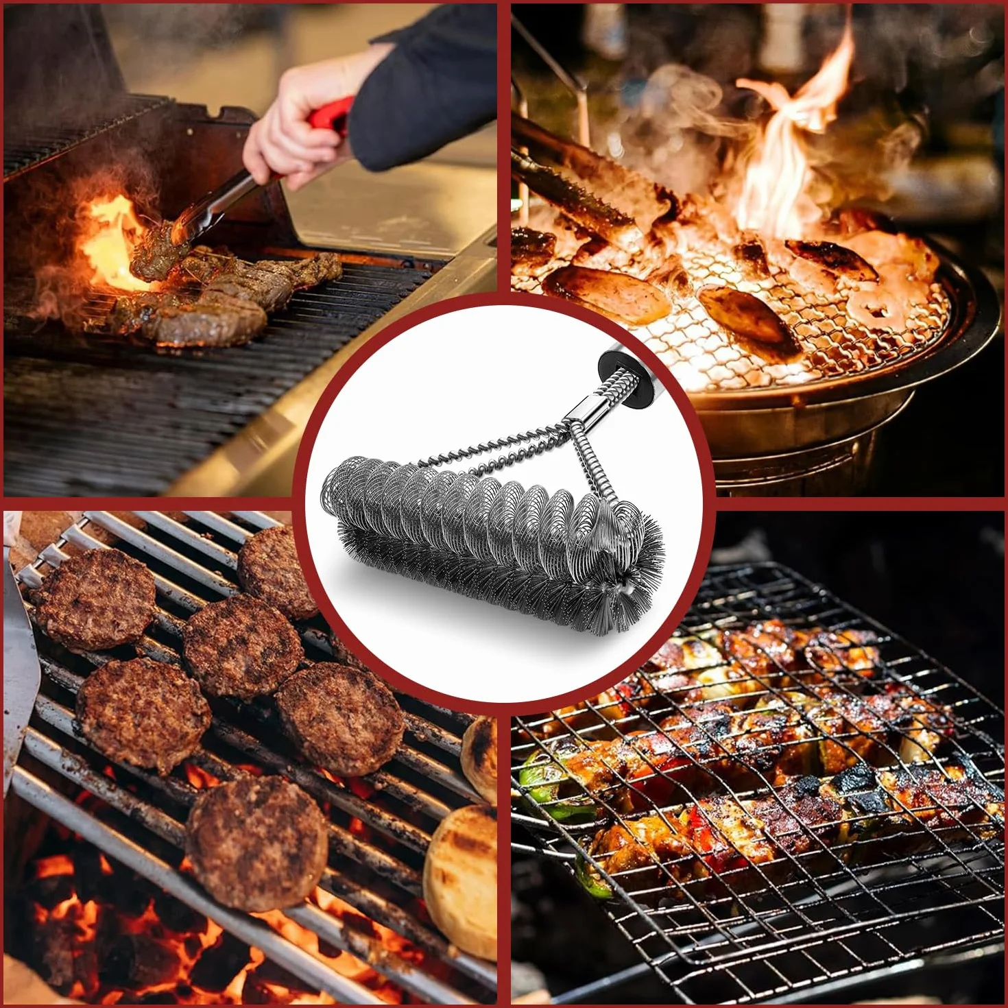 Brosse de Nettoyage pour Barbecue en Acier Inoxydable 45.5cm avec Grattoir Intégré Nettoyage 360°
