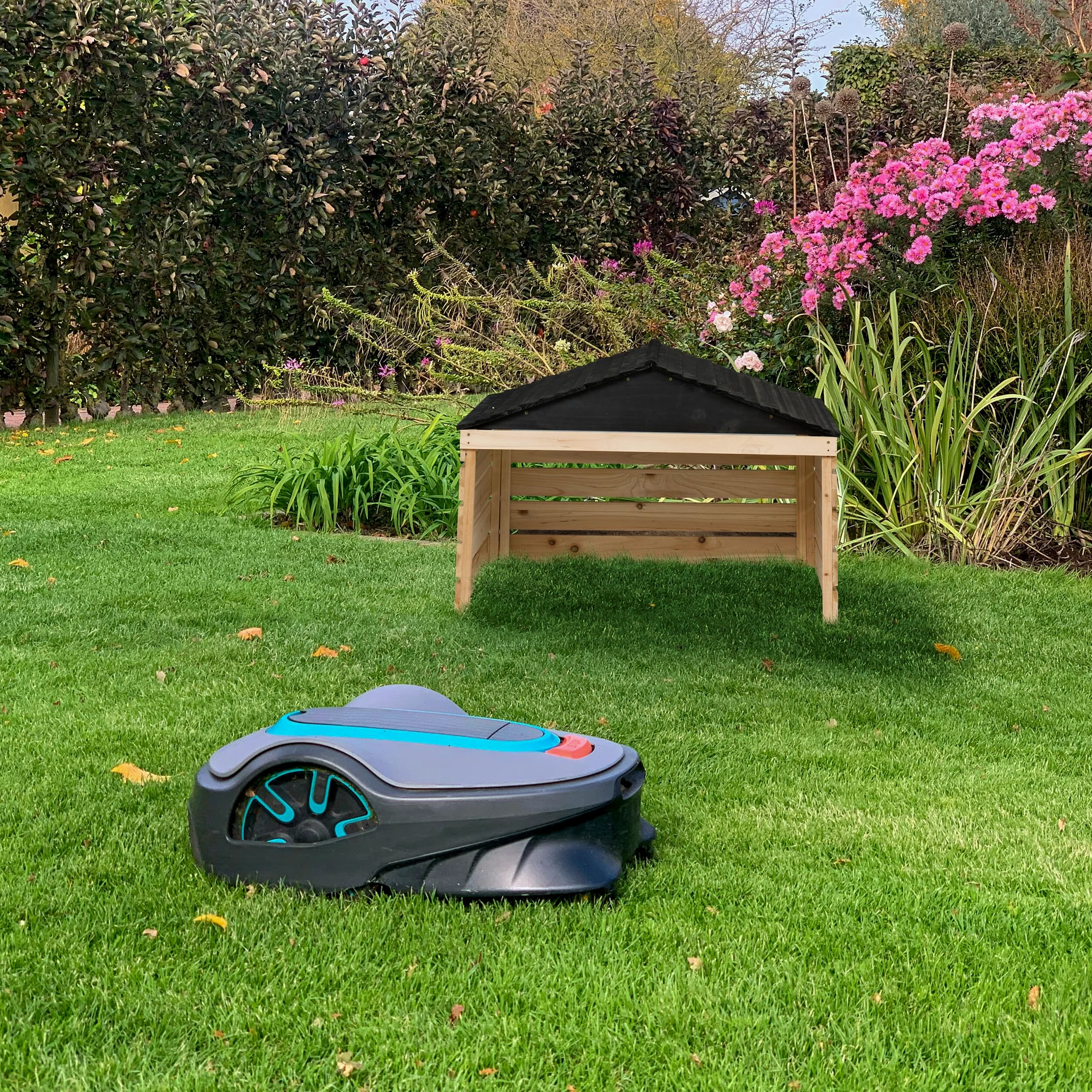 Relaxdays Garage pour Robot Tondeuse, en Bois de Sapin, H x L x P : env. 52,5 x 79 x 74 cm, Nature et Noir