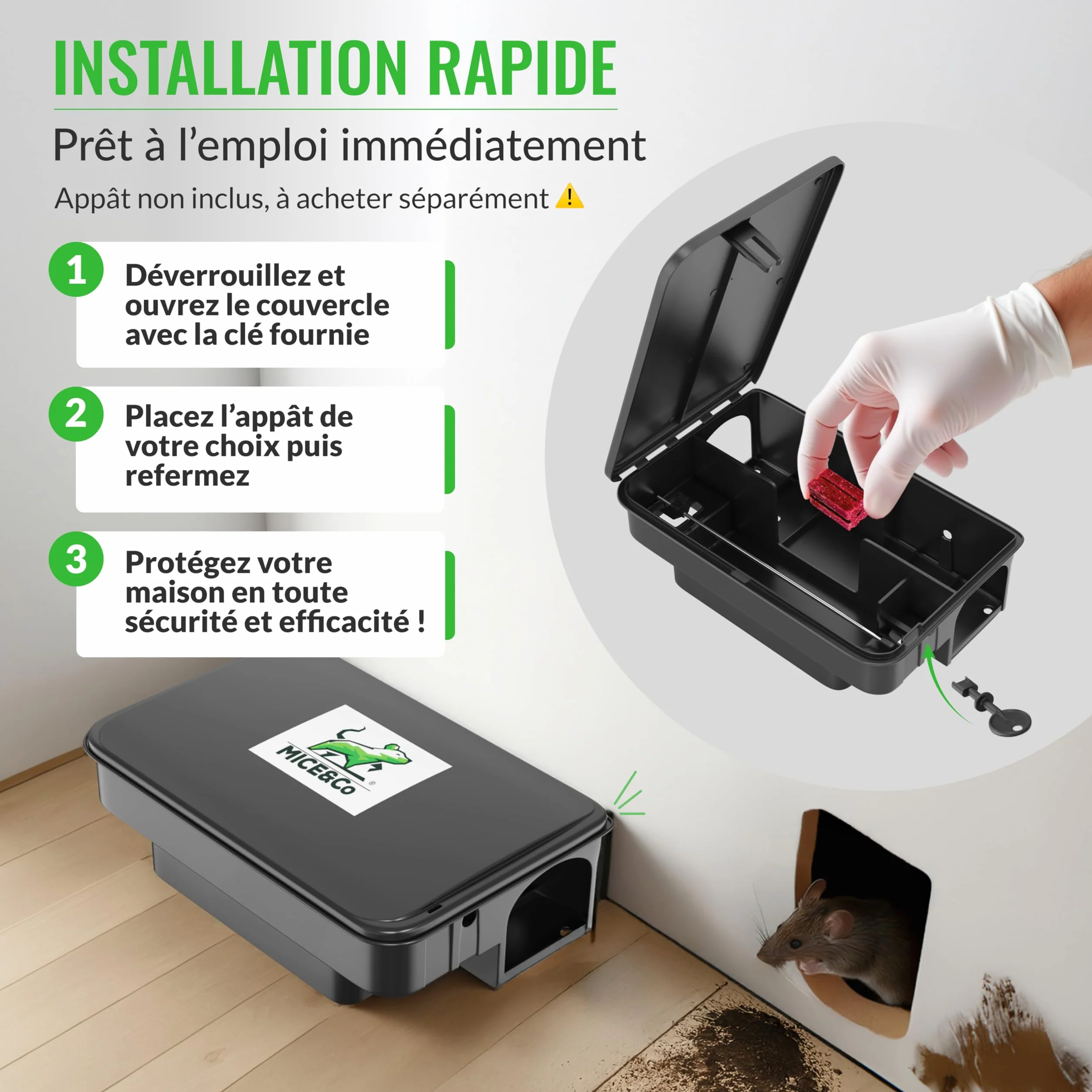 Pièges à Rats et Souris Professionnels Mice&Co – Boîte d'Appât Raticide Inviolable Sécurisée