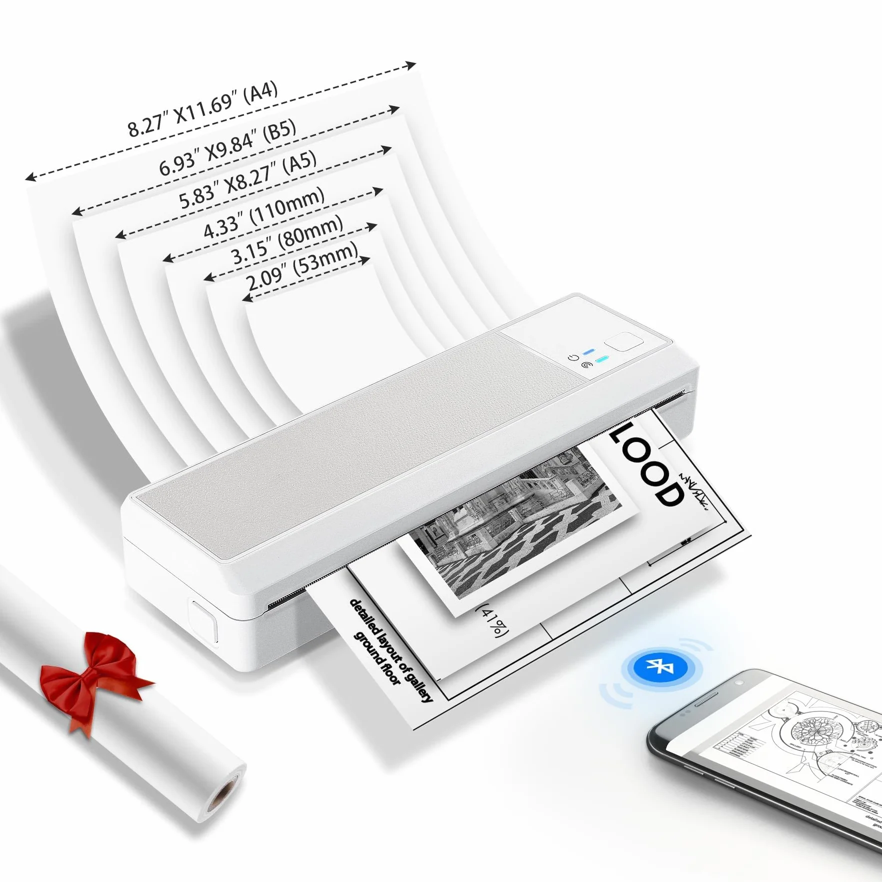 vretti Imprimante Portable Thermique sans Encre A4 Bluetooth USB