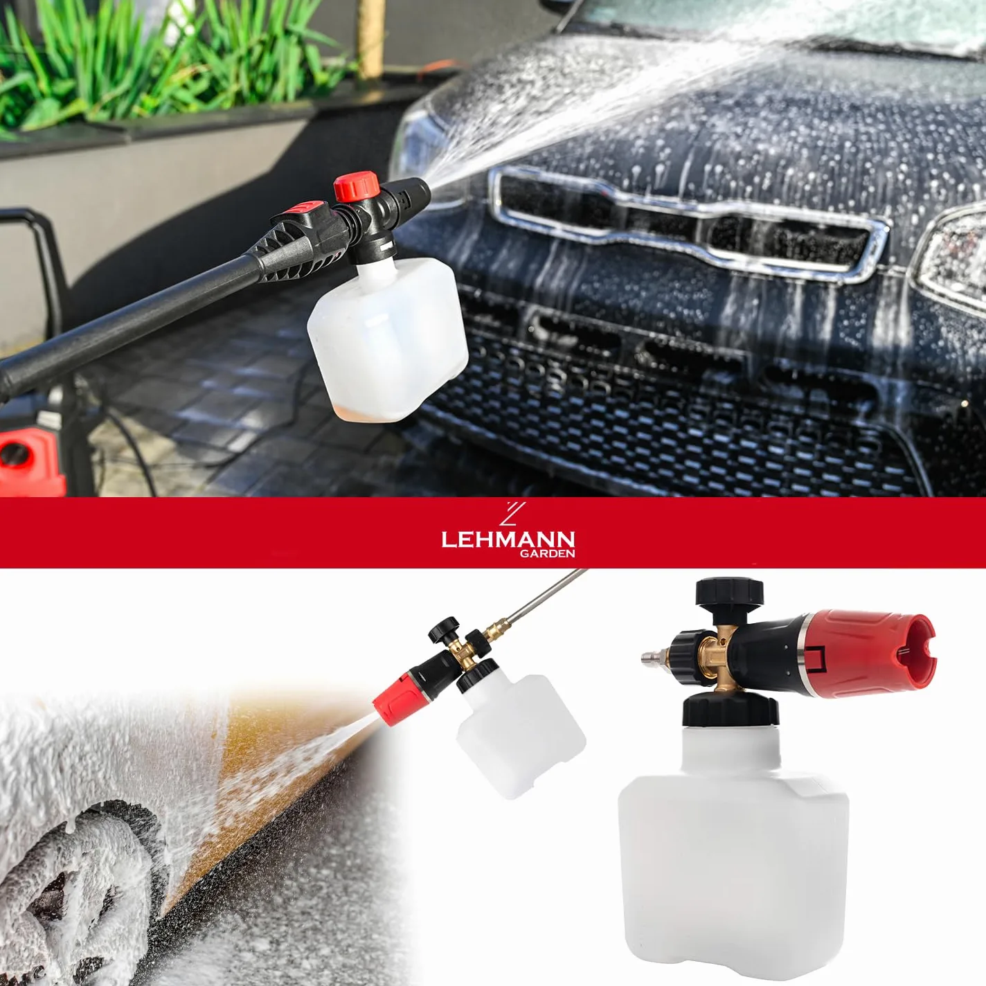 LEHMANN Austin Nettoyeur Haute Pression, 1800 W, Max. 220 Bar, Débit 450 l/h, Pompe en Aluminium, Rayon d'action 10 m, Enrouleur câble, Buse Réglable & Turbo, Canon à Mousse, Noir/Rouge