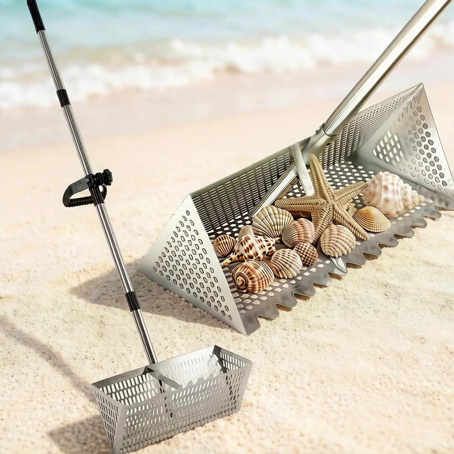 Râteau à sable de plage - Pelle à sable et tamis en acier inoxydable - Extra large - 40 cm de large avec dents de requin et manche amovible de 140 cm de long - Outil de chasse au trésor sur la plage