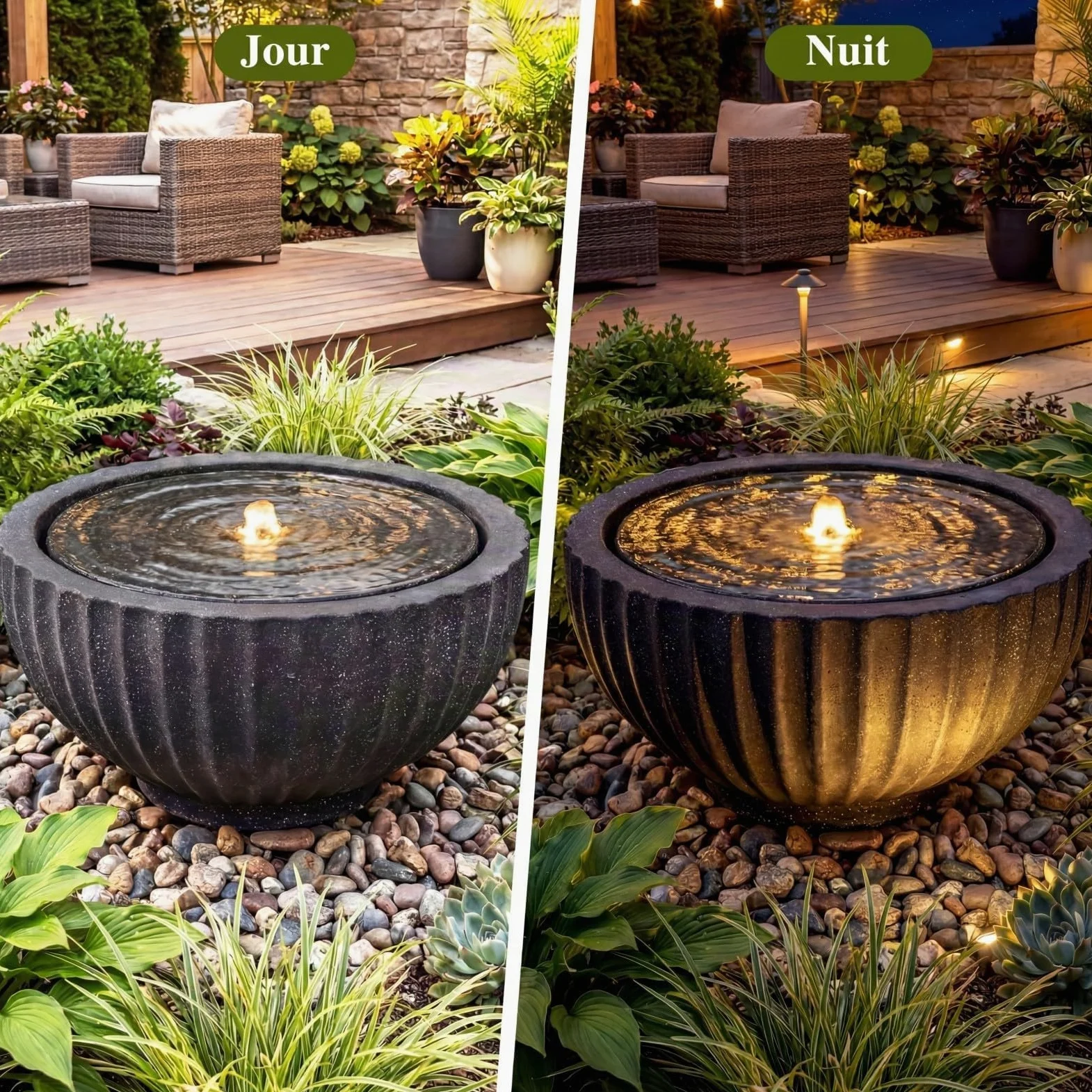 COSTWAY Fontaine Solaire d'Extérieur, Fontaine de Jardin Décorative avec 6 LED, Cascade Décoration en Forme de Bol Aspect Pierre en Résine Fibre de Verre pour Terrasse/Balcon, 45 x 45 x 23,5 cm