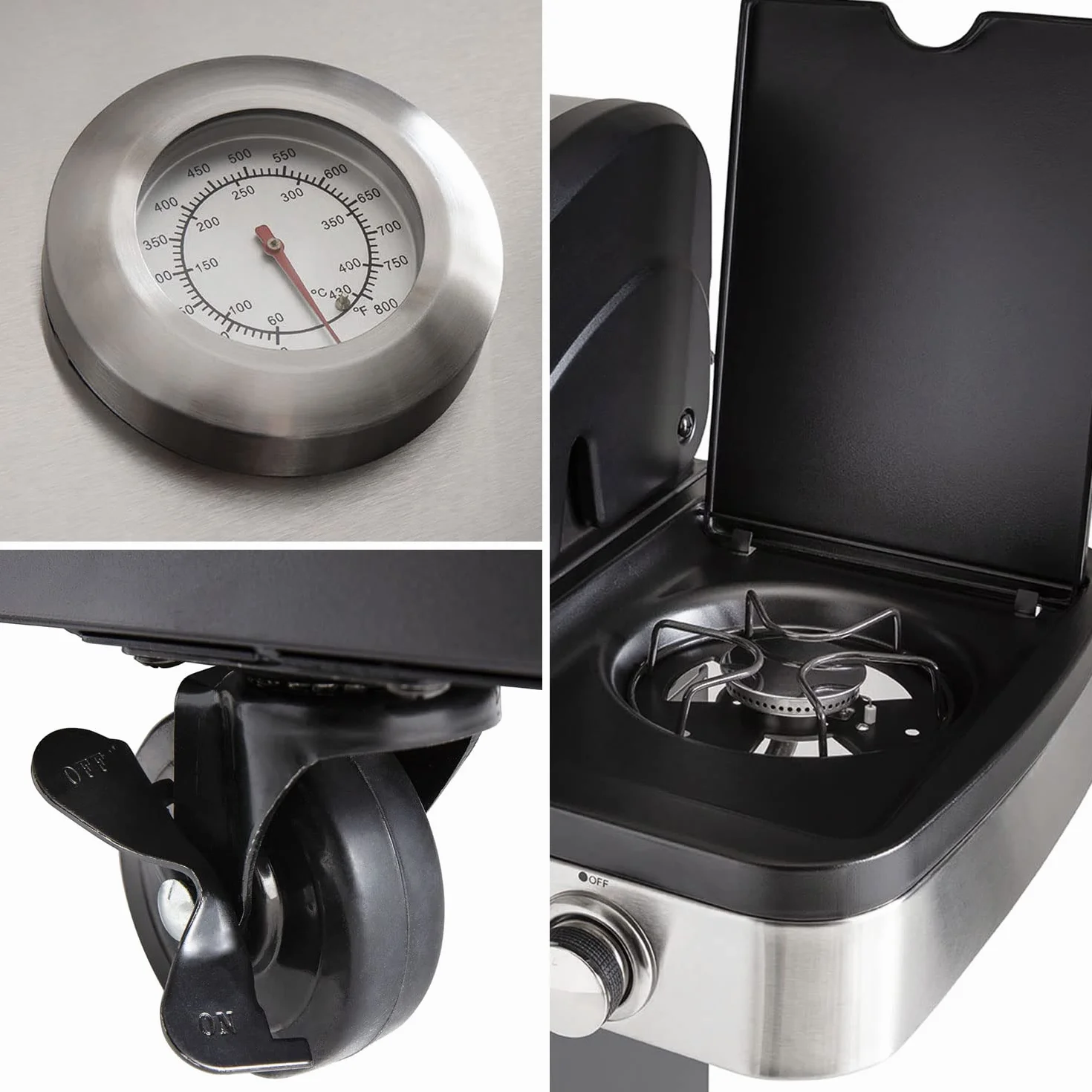 Cook'in Garden FIDGI 4 Barbecue au Gaz 4 Brûleurs avec Thermomètre Meuble Évier Structure Métal Noir