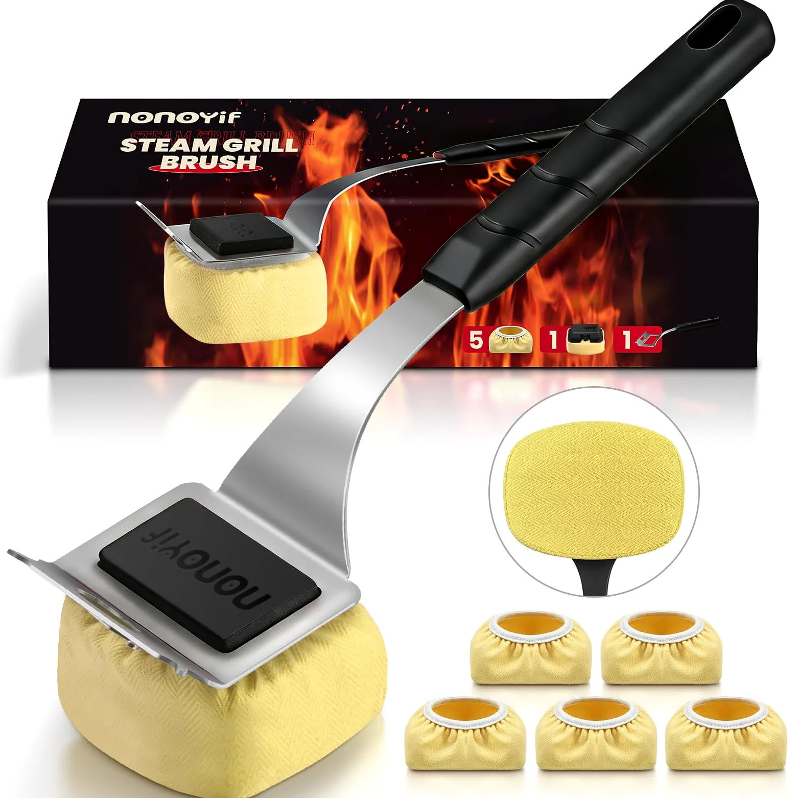 Brosse pour barbecue sans poils avec 5 coussinets remplaçables | Tête de nettoyage remplaçable pour grille de barbecue - Pour grille en fonte et acier inoxydable - Cadeau pour homme et papa