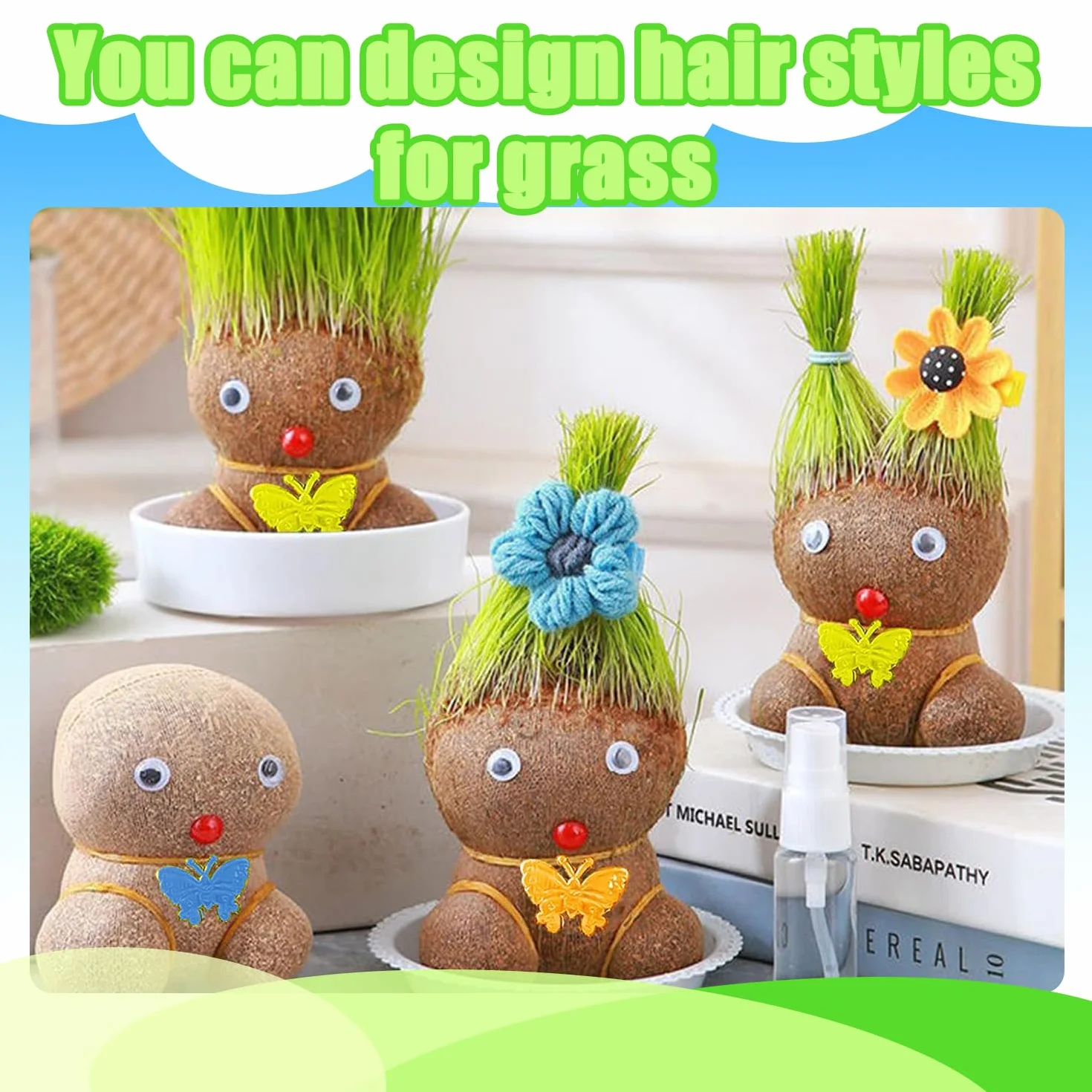Mini Bonsaï Tête d'Herbe Grass Head avec Plateau - 2 Plantes (M3)