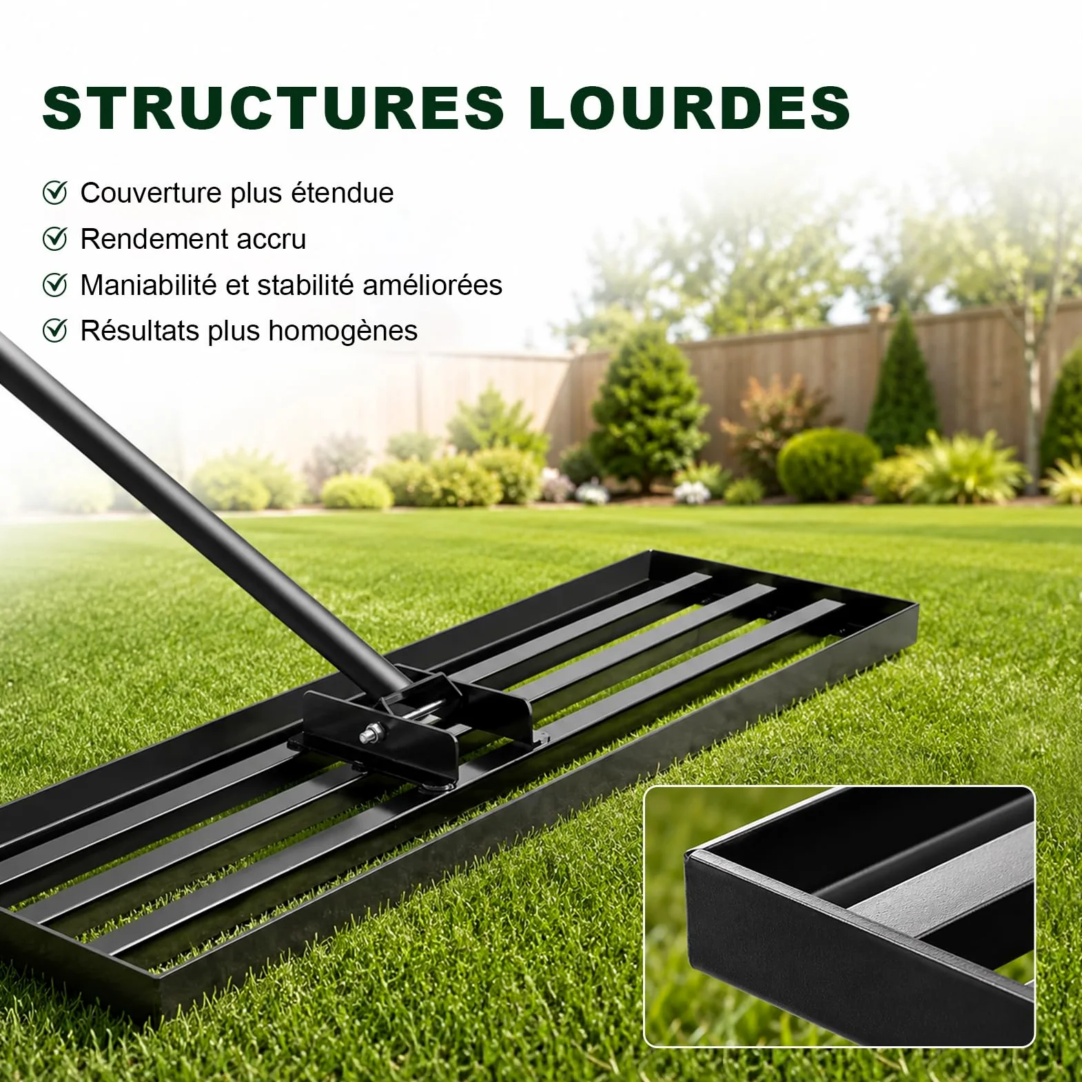 Râteau Niveleur de Gazon 114,3 × 25,4 cm avec Manche en Acier Inoxydable 213 cm, Râteau de Nivellement Extra Large pour Pelouse, Terre, Sable et Terreau, Outil de Jardin Robuste pour Grandes Surfaces