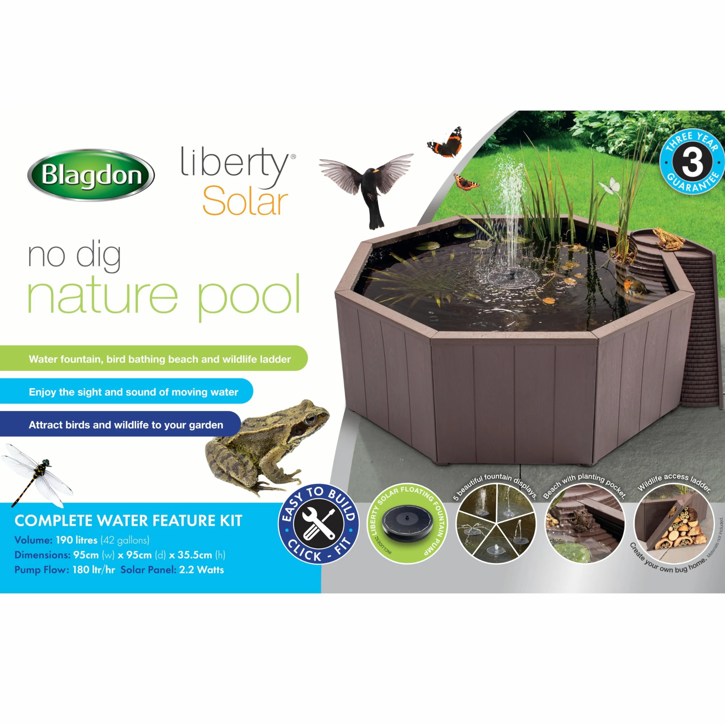 Blagdon Liberty No Dig Piscine Naturelle pour Jardin ou terrasse, Construction Facile, avec Pompe à Fontaine Solaire Flottante, Plate-Forme d'atterrissage pour Oiseaux, échelle d'accès à la Faune et