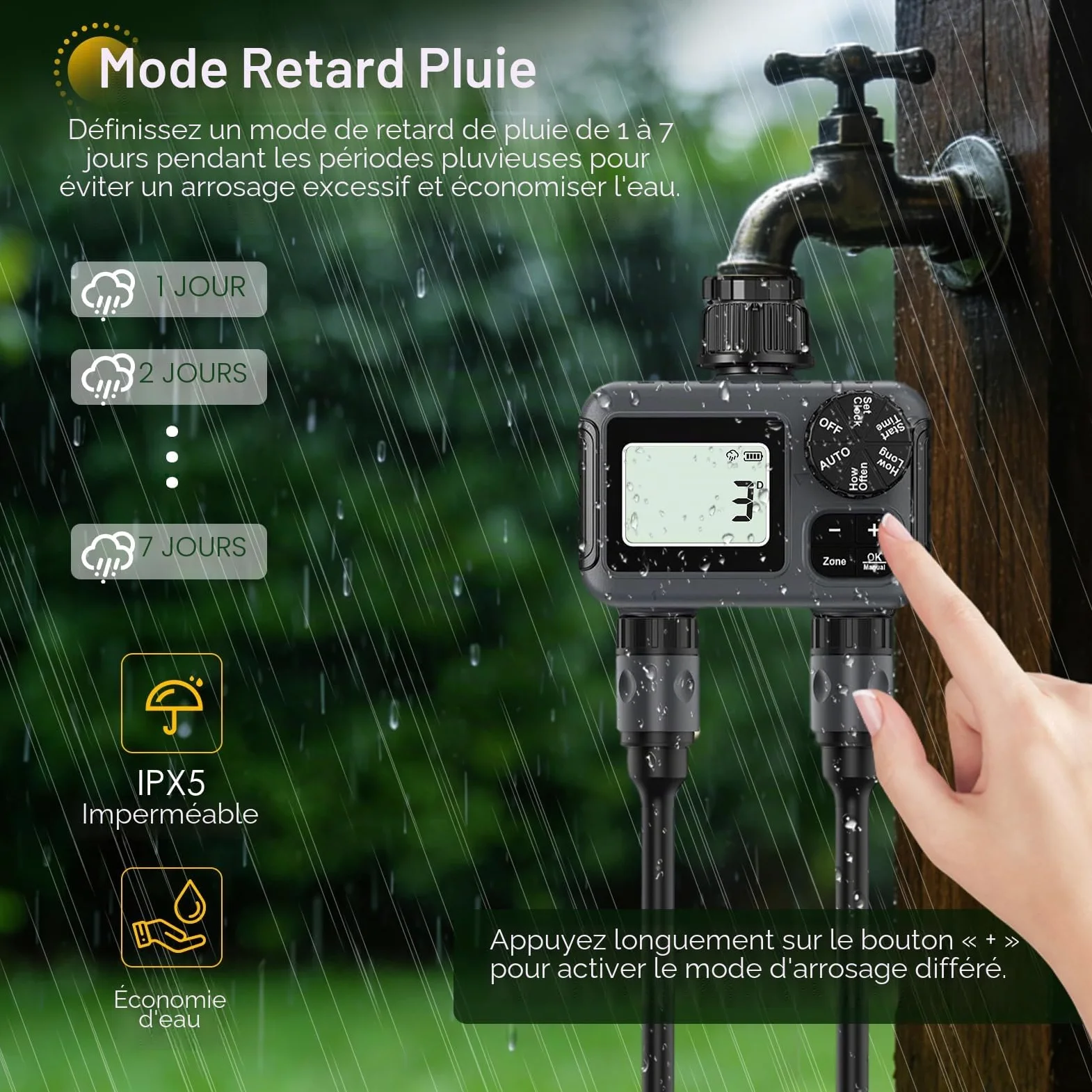 Ordinateur D'arrosage 2 Voies, Minuterie D'eau 2 Sorties avec Retard de Pluie/Mode Automatique et Manuel, IPX5 Étanche Programmateur Arrosage Connecté Minuterie D'irrigation pour Jardin Pelouse
