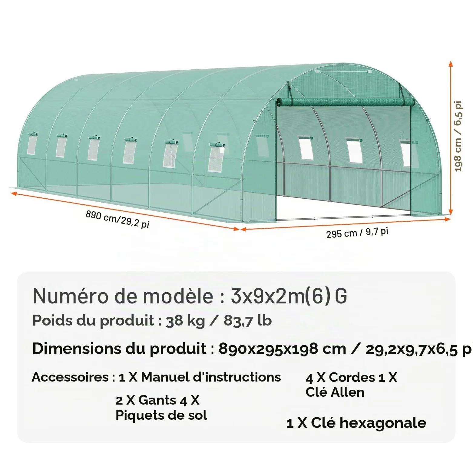 VEVOR Serre Tunnel Jardin, 890x295x198 cm, Tente Abri Plantes avec Cadre en Acier Galvanisé, Couverture en PE Verte, Porte à Glissière Enroulable, 12 Fenêtres, pour Extérieur Cultiver Légumes Fleurs