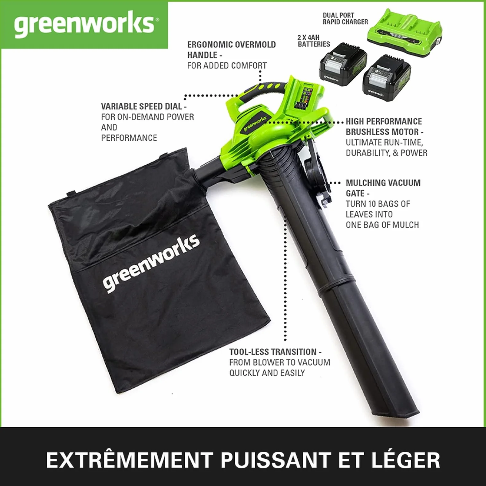 Greenworks GD24X2BVK4X Aspirateur Souffleur Sans fil 322km/h 9m³/min Sac Mulching 45L 2 Batteries 24V 4Ah