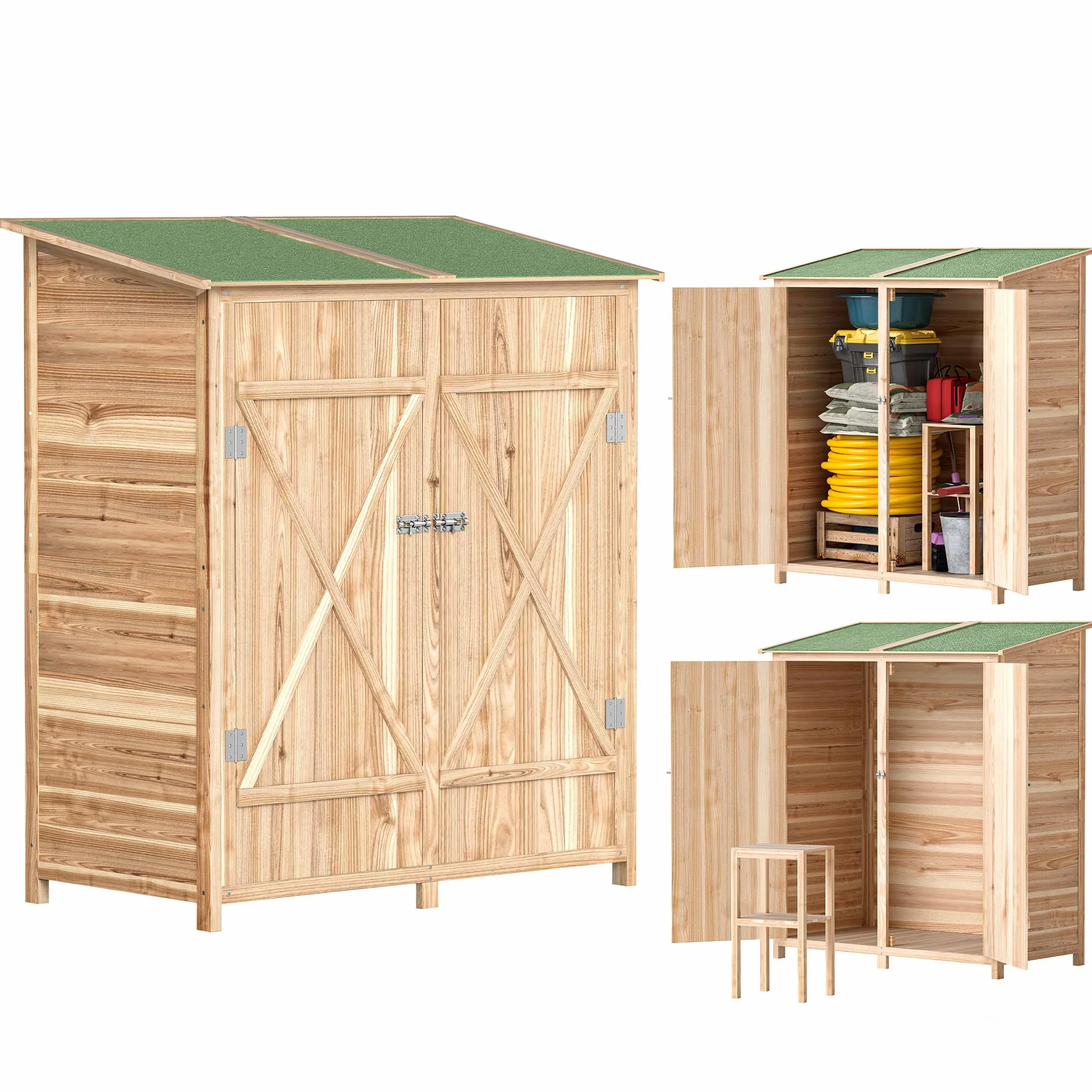 Outsunny Armoire de Jardin Cabane à Outils 2 Portes verrouillables Toit en Bitume imperméable Bois de Sapin 140x75x157 cm