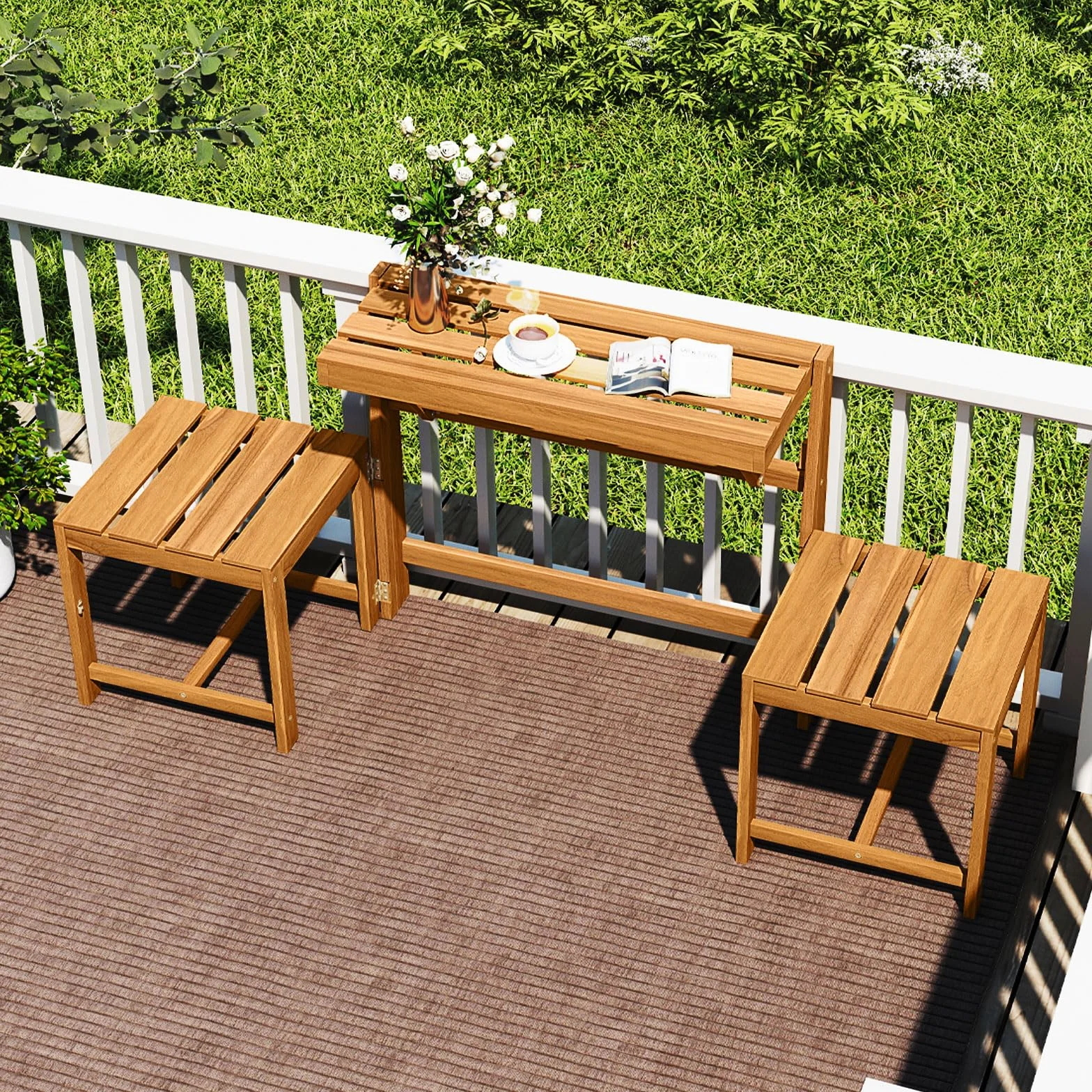 COSTWAY Salon de Jardin 3 en 1 Banc 2 Places Table Rectangulaire Chaises Extérieur Bois d'Acacia Dossiers Inclinés Siège à Lattes