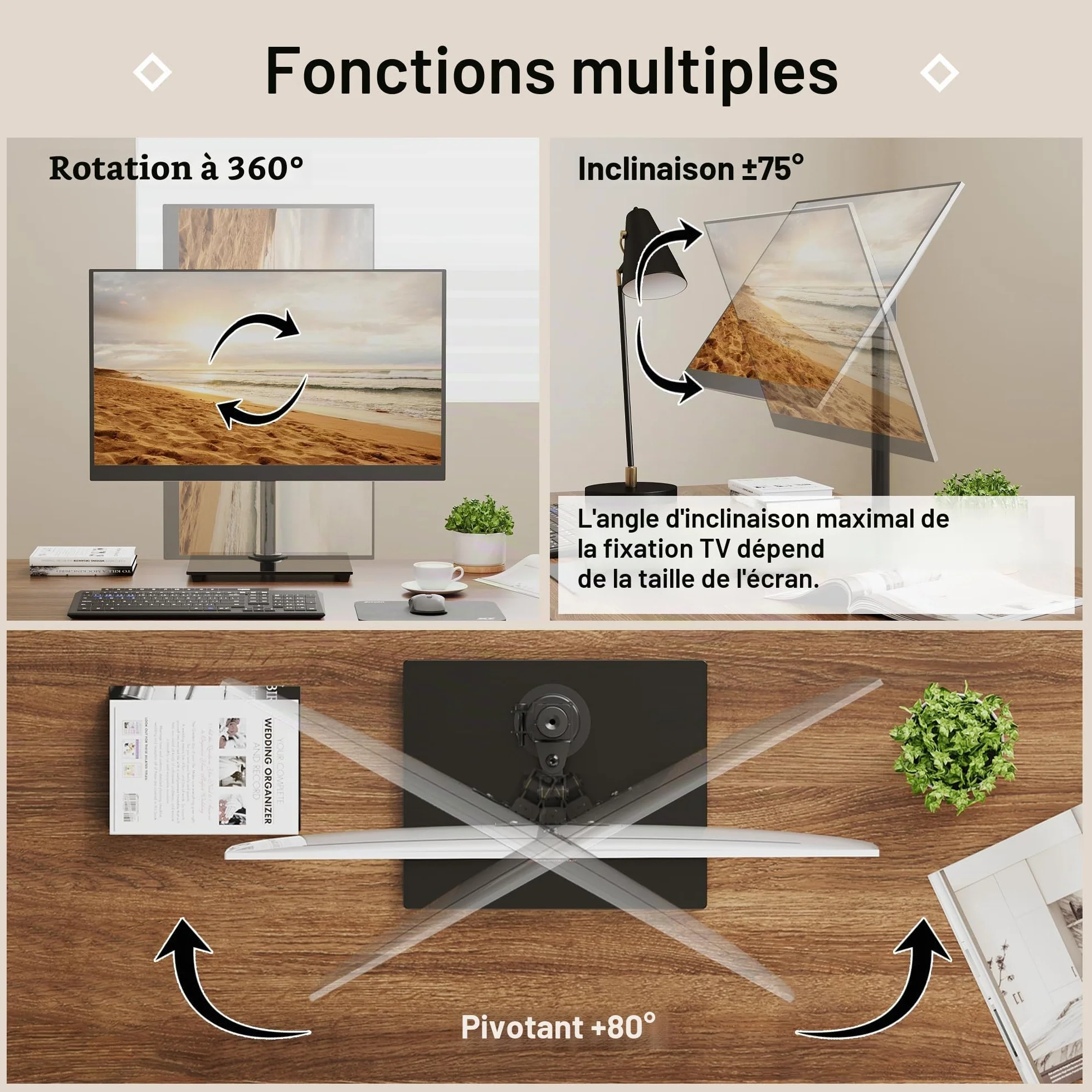 BONTEC Support Écran 13-32 Pouces, Bras Réglable Moniteur Plat/Incurvé, Socle Verre Trempé, Inclinaison ±75°, Pivotement ±80°, Rotation 360°, Max 10kg, VESA 75/100mm