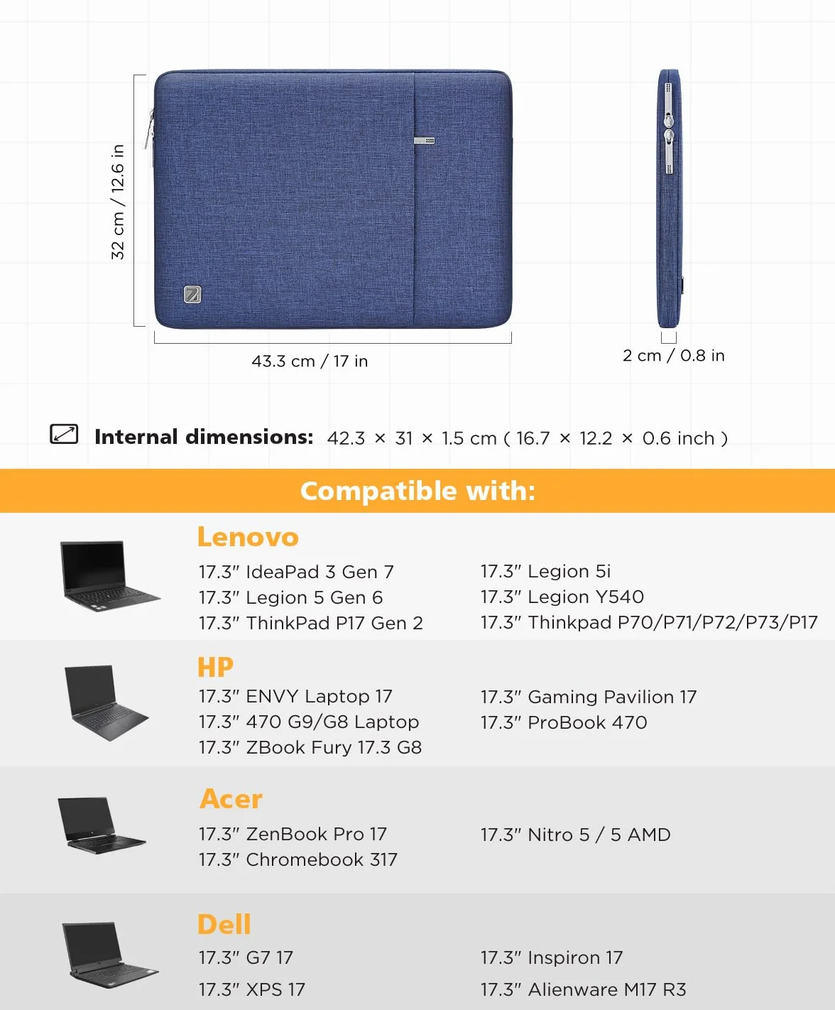NIDOO Housse Pochette Ordinateur Portable 17 Pouces Imperméable pour Lenovo Ideapad 330 Thinkpad P73 Inspiron Precision 17 Legion Y540 Bleu