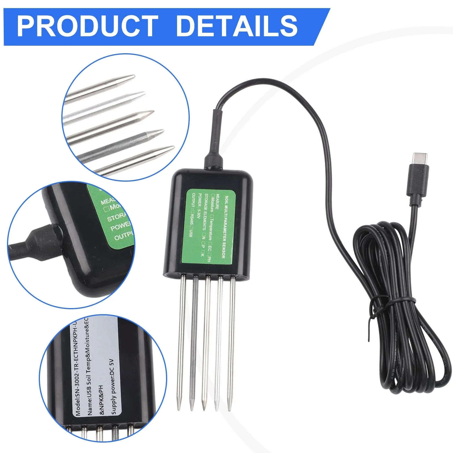 Testeur de sol USB 7 en 1 pour Android, IP68, humidité de la terre, pH EC, température NPK, capteur NPK avec joint en résine époxy et sonde métallique, analyse des données en temps réel pour