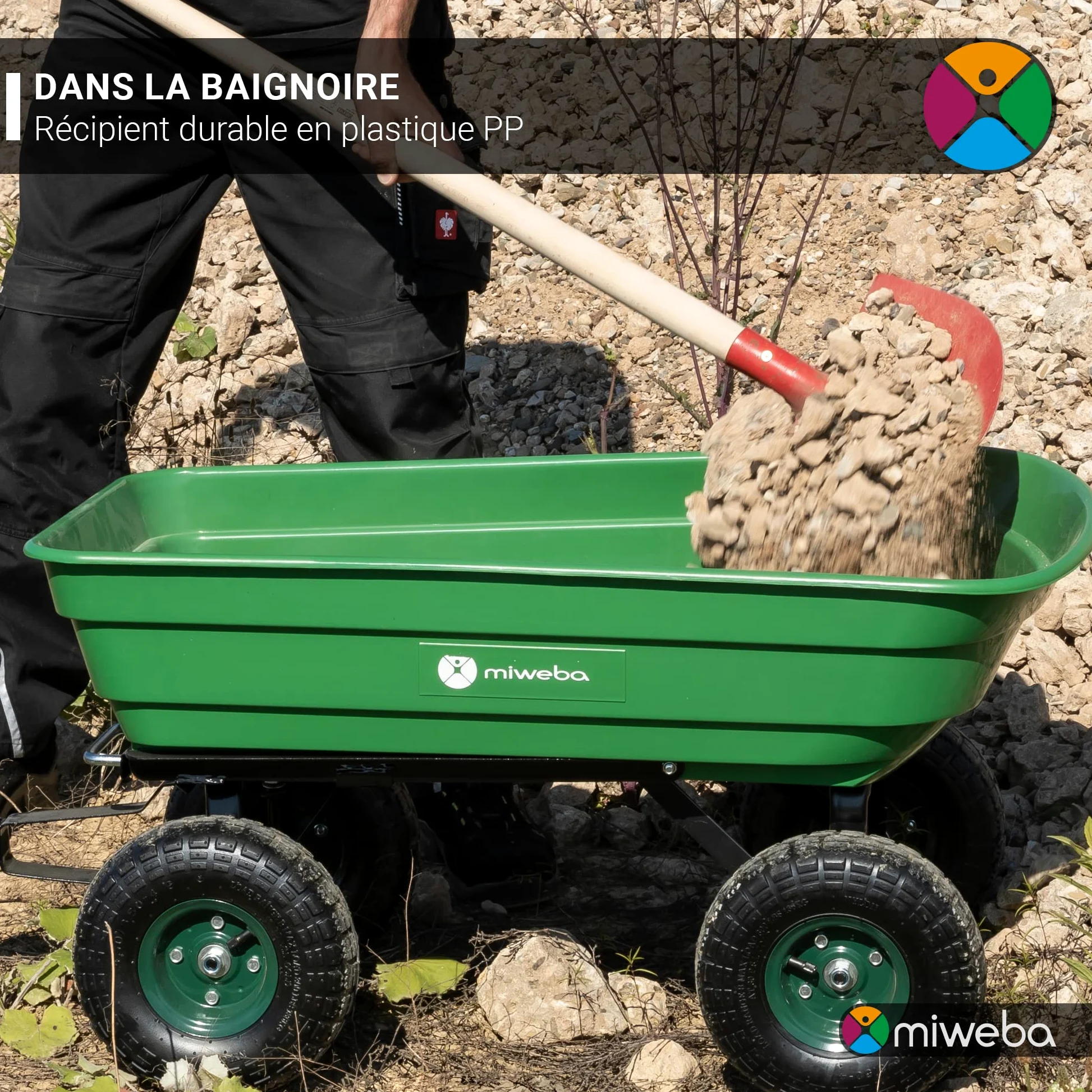 Miweba Chariot de Transport Dumper | Capacité 300 kg - Bac en PP - Basculement - Chariot à Main - Attelage - Essieu Directeur - Pneus gonflables - Brouette - Chariot de Jardin (Gris) | Fonction basculante - Volume 75 l - Diable - Brouette - Chariot de tra