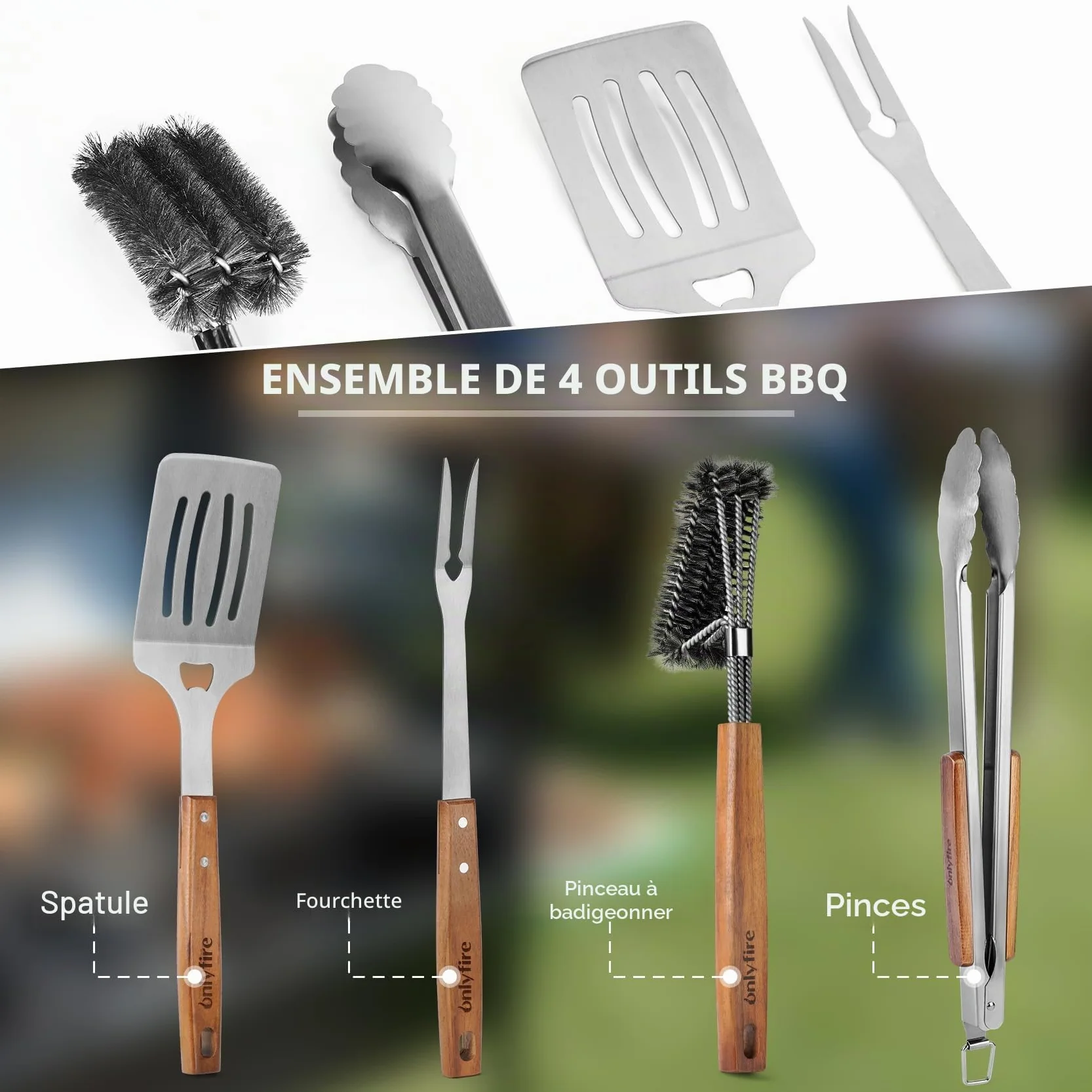 Onlyfire Set de Ustensiles pour Barbecue en Acier Inoxydable, 4 Pièces avec Poignées en Bois