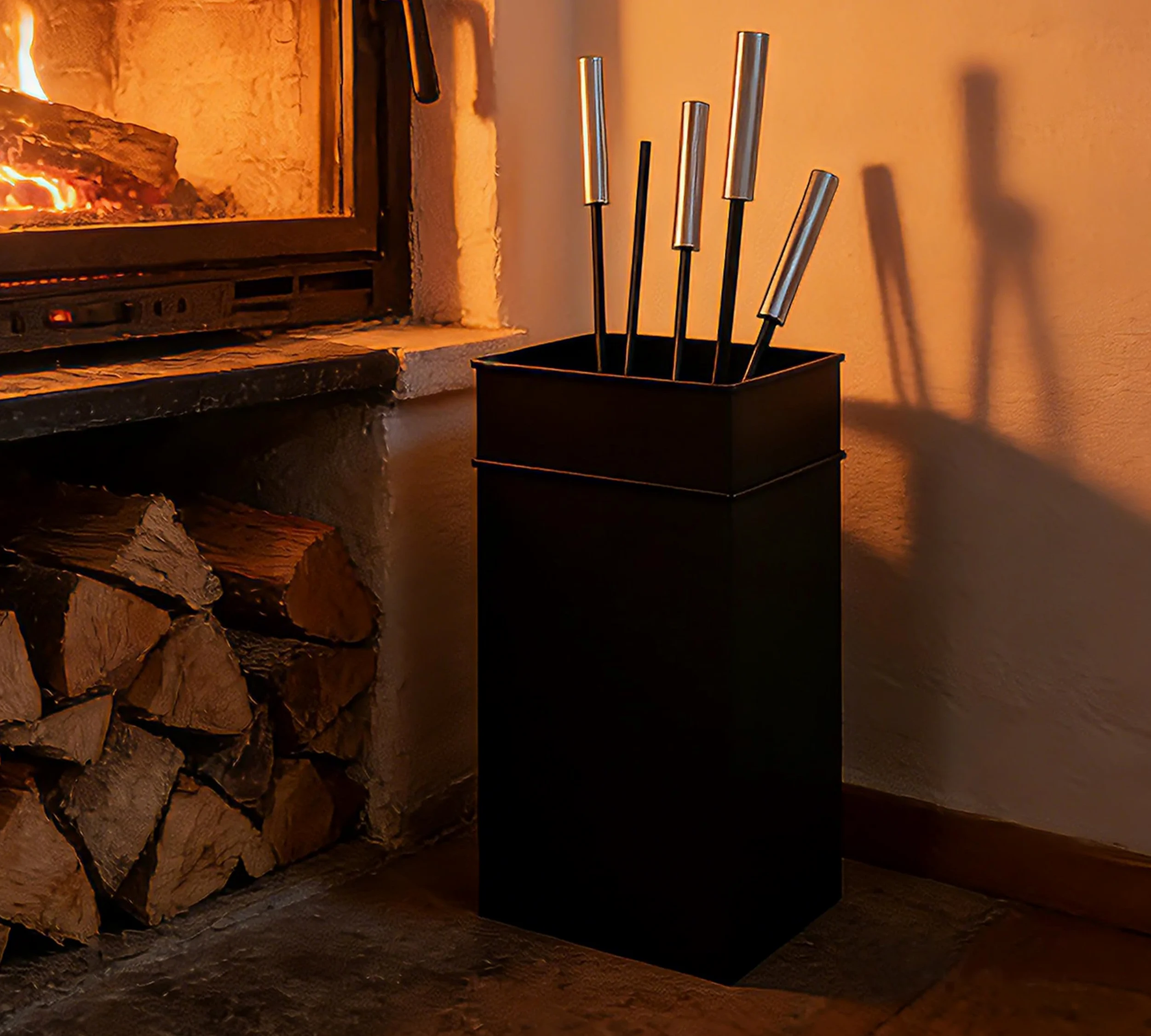 Kingson Ensemble d'outils de cheminée élégant comprenant une brosse, une pelle, un tisonnier et une pince, poignées en acier inoxydable, design élégant pour brûleurs à bûches et cheminées