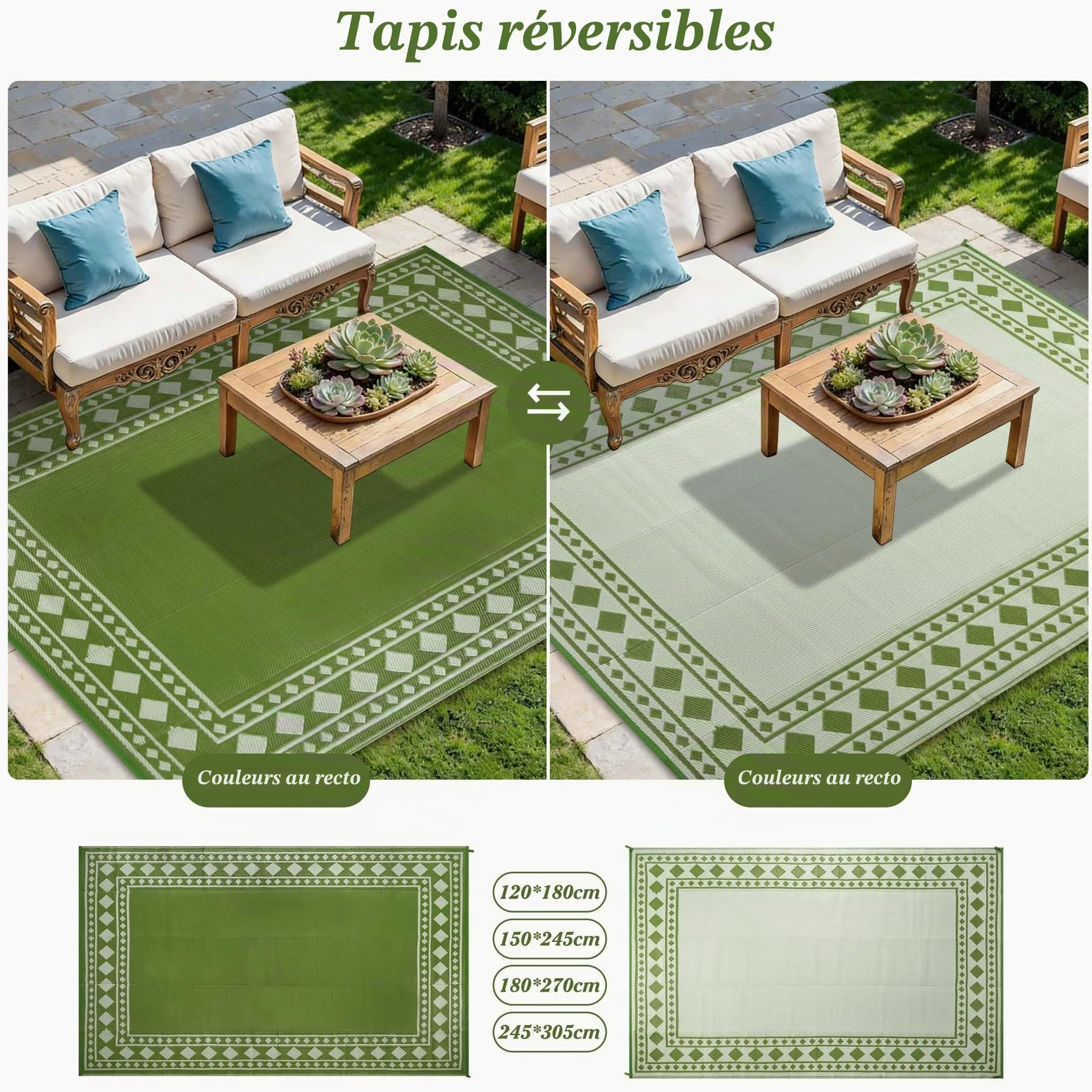 Homcomodar Tapis d'extérieur résistant aux intempéries, 180 x 270 cm, réversible, perméable à l'eau, tapis en plastique pour camping, terrasse, jardin, tente, pique-nique, vert
