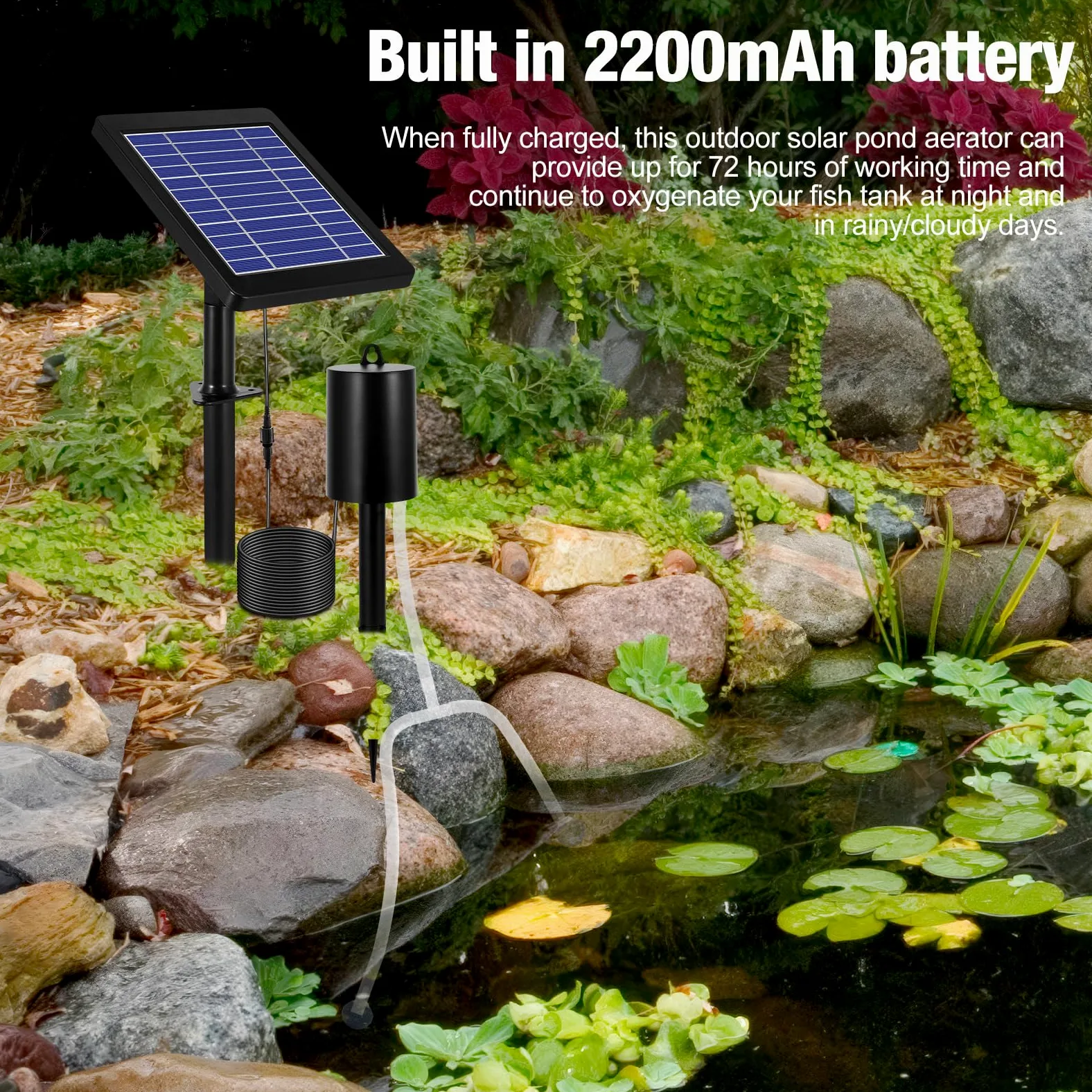 Aérateur de bassin solaire 4W 2200mAh 3 modes et sans bruit avec 2 pierres à bulles d'air | Pompe à air solaire pour étang - Oxygénateur solaire pour étang - Piscine