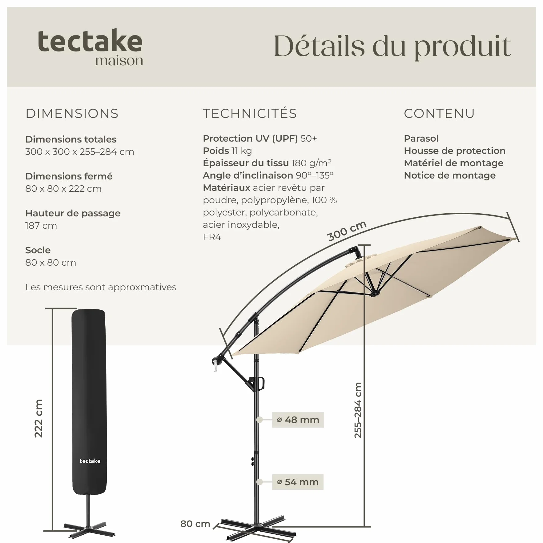 Tectake Parasol déporté 3x3 m Pivotant 360° Inclinable 90°-135° Protection UV 50+ Double-toit Jardin Terrasse