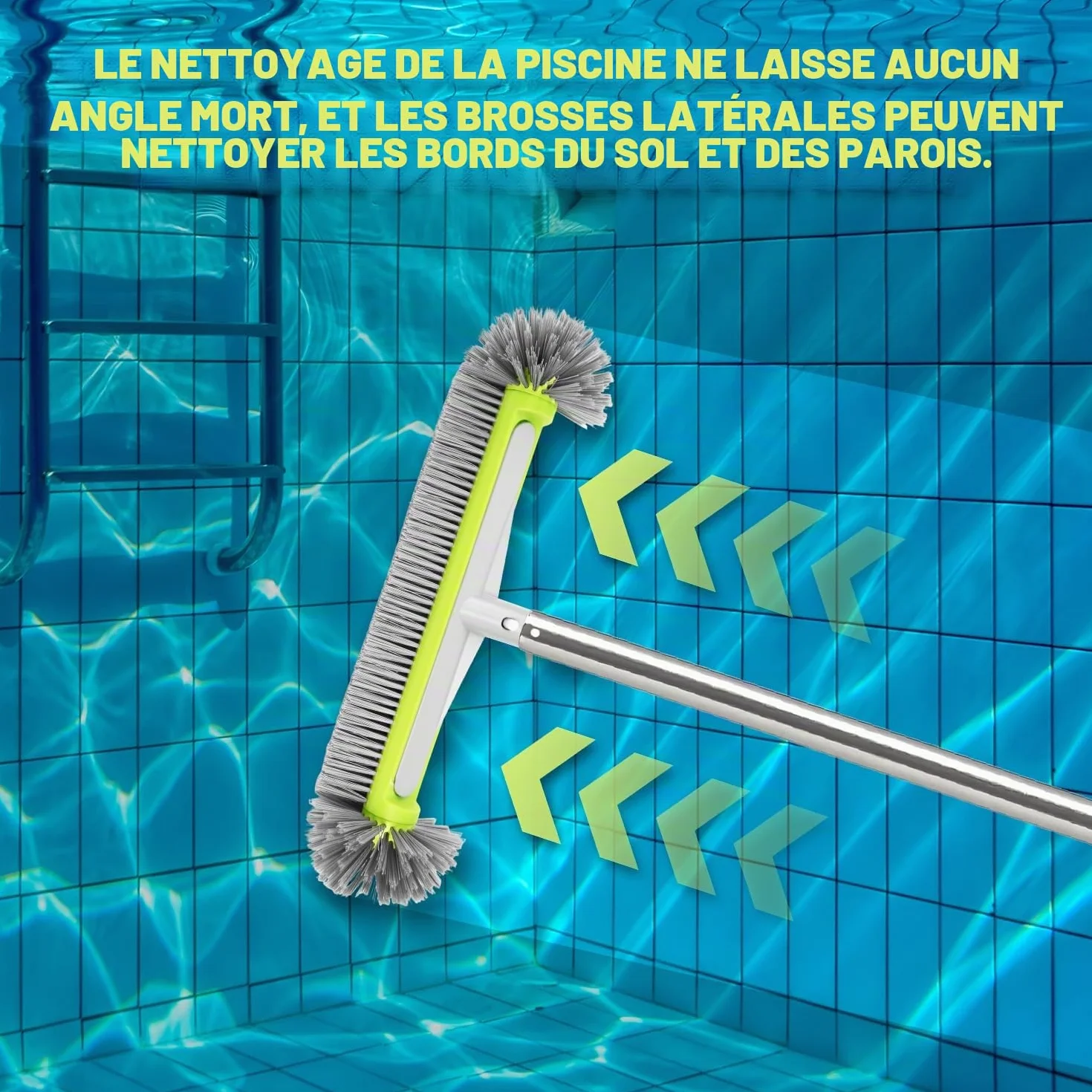 Tête de Brosse de Piscine 45cm Balai Piscine Brosses Poils Robustes Manche Aluminium Hémisphérique Mur Sol