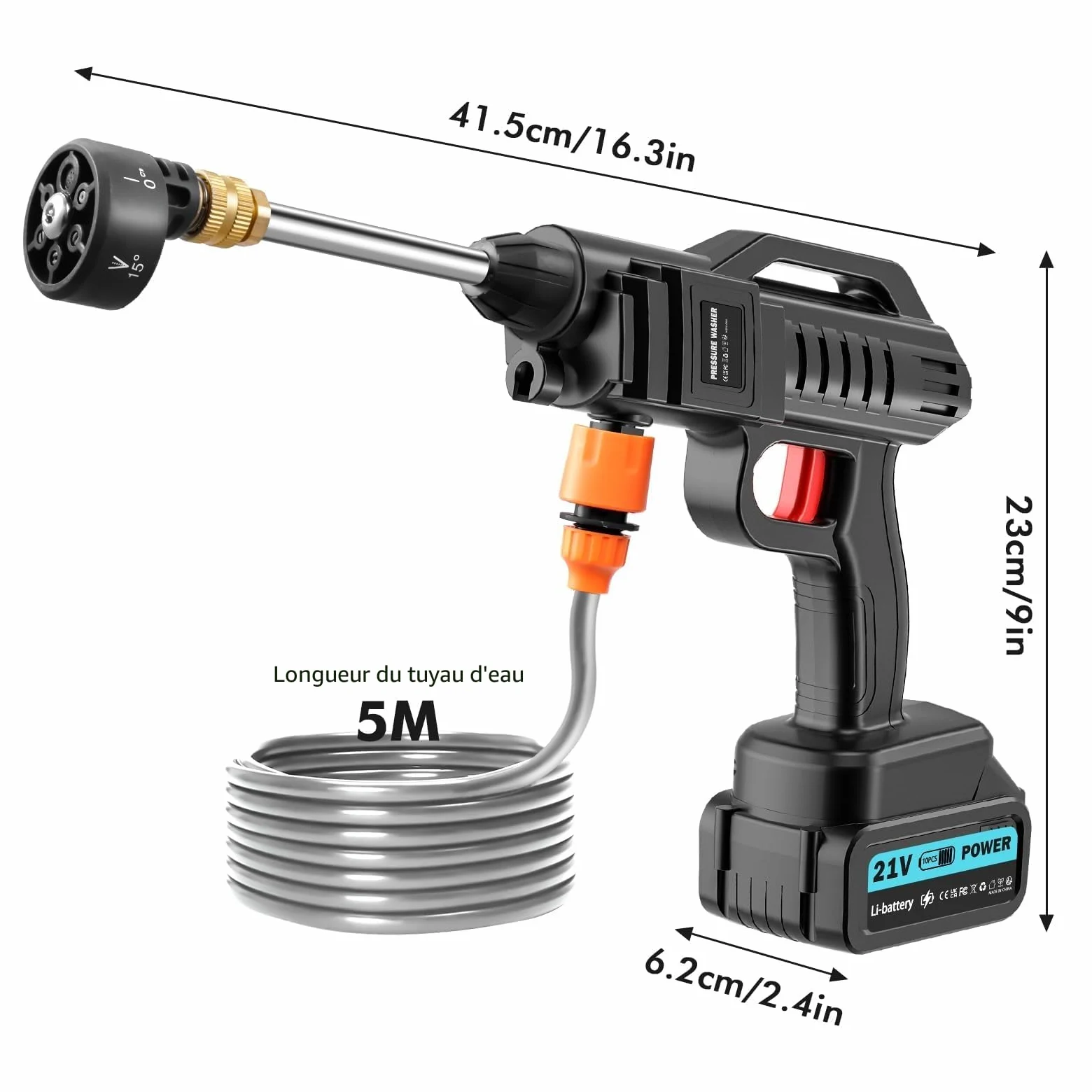 Nettoyeur Haute Pression sans Fil 100 Bar 270 l/h | Pistolet Portable avec 2 x 3000 mAh | Pistolet de Lavage Mobile 6 en 1, buse réglable 5 m pour Balcon, Voiture, Garage