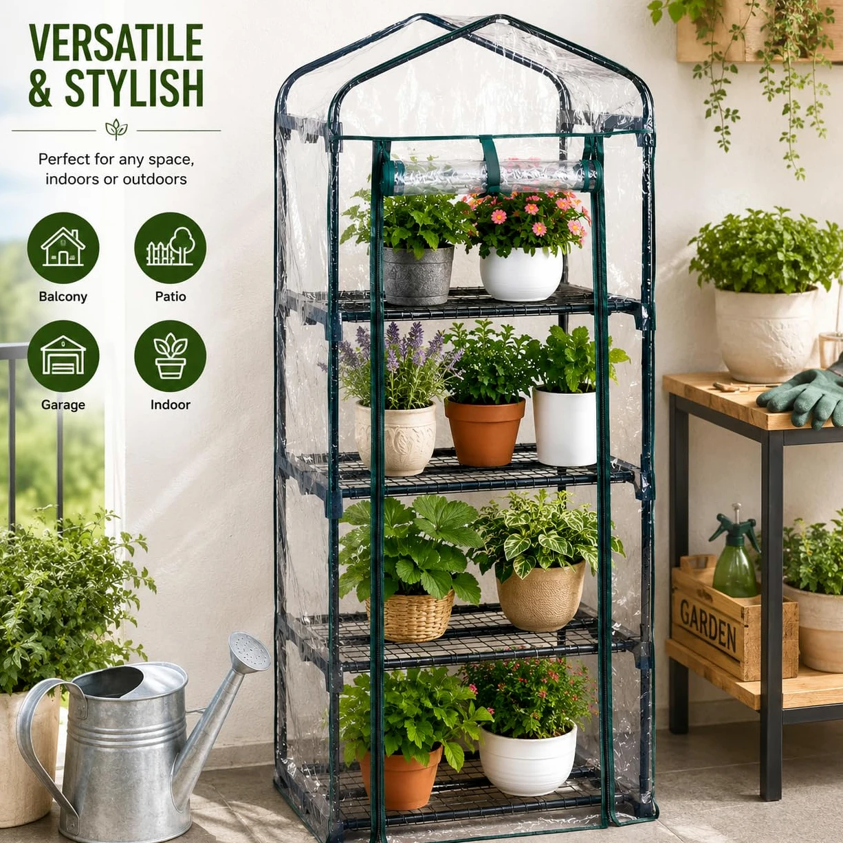 Mini serre de qualité supérieure à 4 niveaux avec cadre, étagères robustes, adaptée pour les plantes d'intérieur/extérieur, avec housse renforcée en polyéthylène enroulable résistante aux