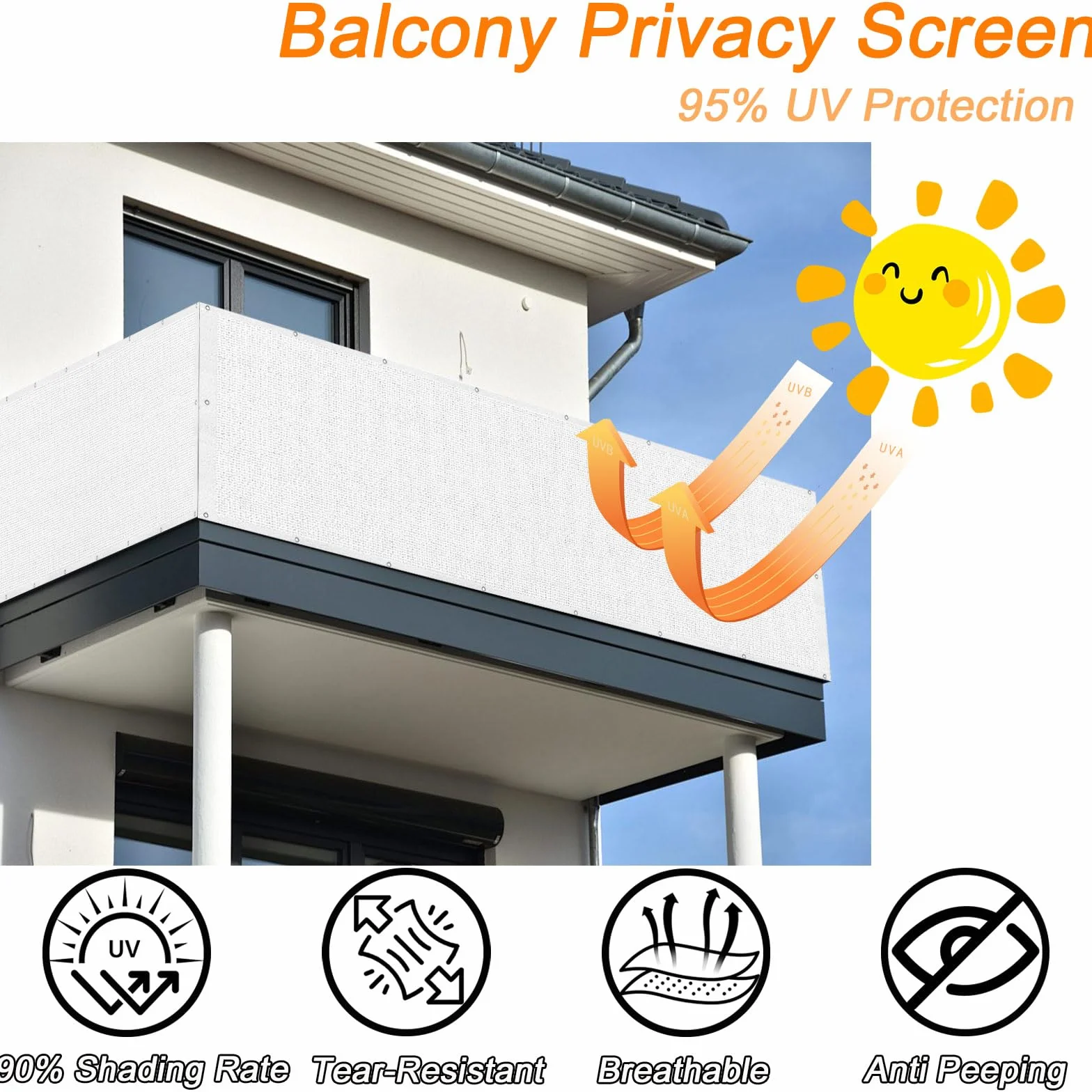 GUOJUN Brise Vue 110 x 280 cm Protection UV Coupe-Vent Respirant Cache Vue Balcon Clôture d'ombrage avec Œillets Blanc