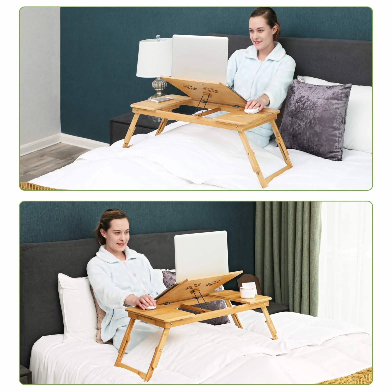 SONGMICS Table de lit pliable en bambou pour ordinateur portable, Plateau ajustable 5 positions, 72 x 21-29 x 35 cm, Tiroir LLD004