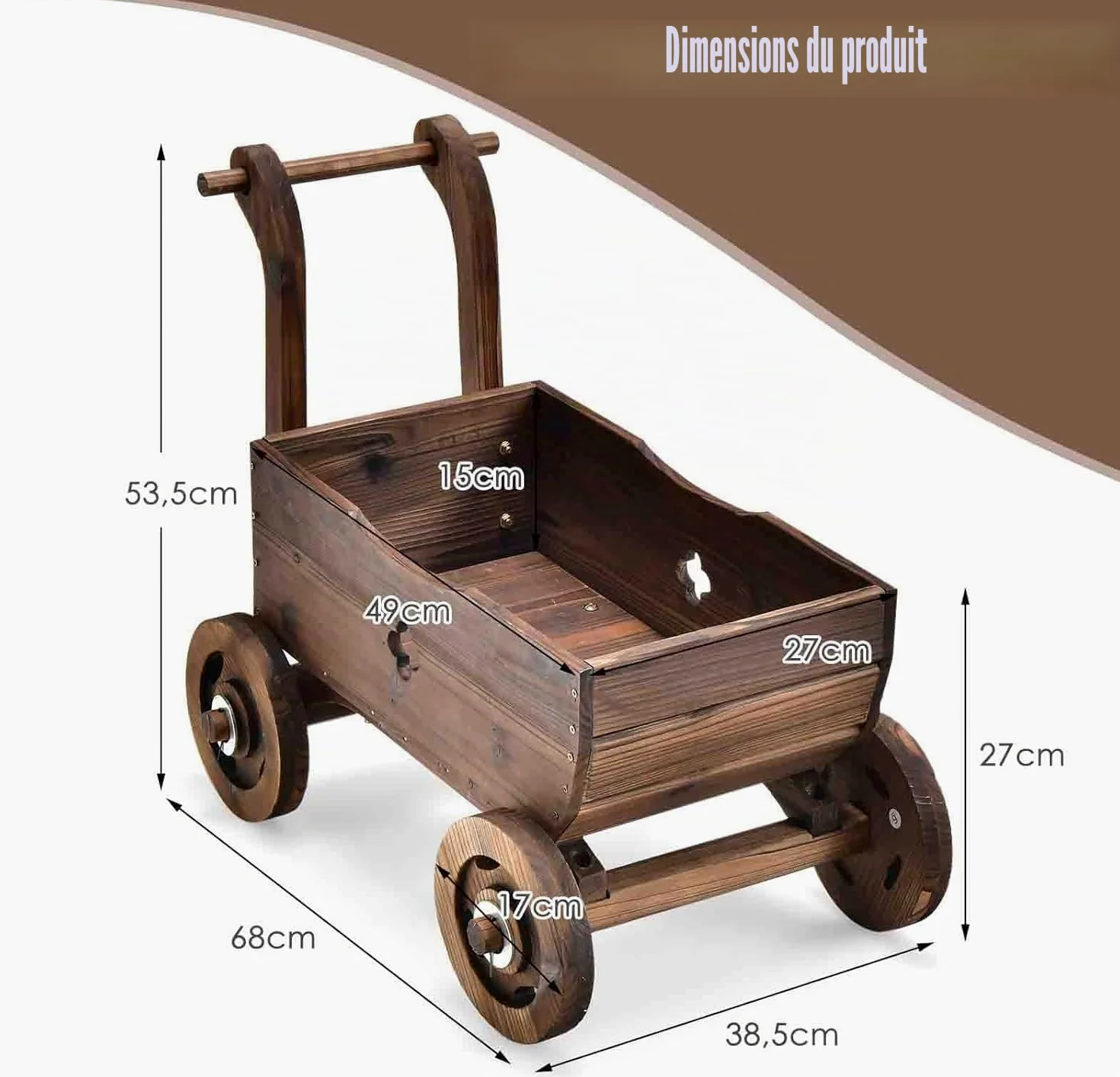 FANTASK Chariot à Fleurs en Bois avec Roues et poignée, Chariot de Plantation avec Trou de Drainage, Diable Rustique, pour Jardin, terrasse, Pot de Fleurs, brouette, décoration de Jardin, jardinière