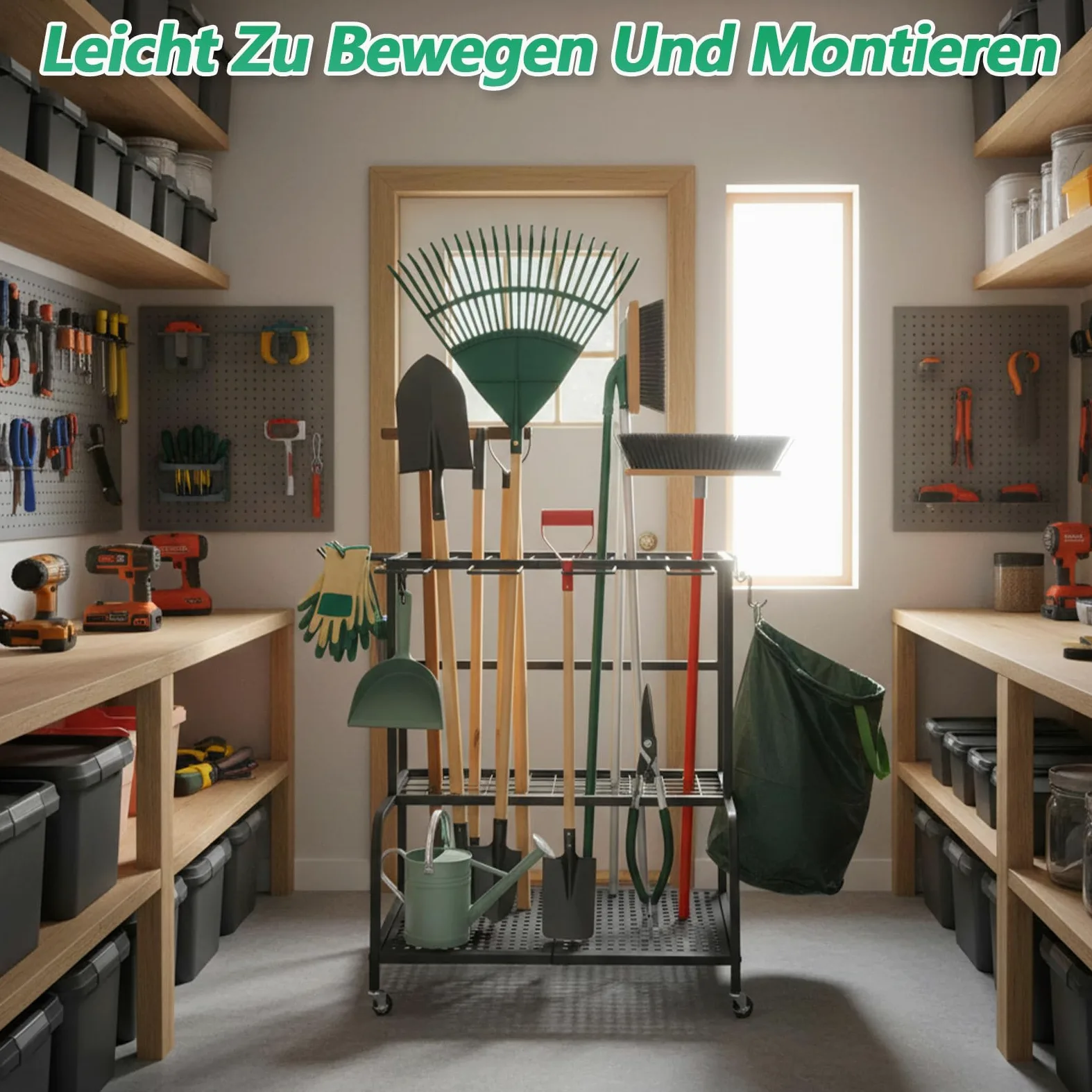Support pour outils de jardin - 61 x 41 x 66 cm - Organiseur avec 78 compartiments de rangement | 11 crochets et roues pivotantes à 360°, étagère de rangement pour outils de jardin, en métal, noir