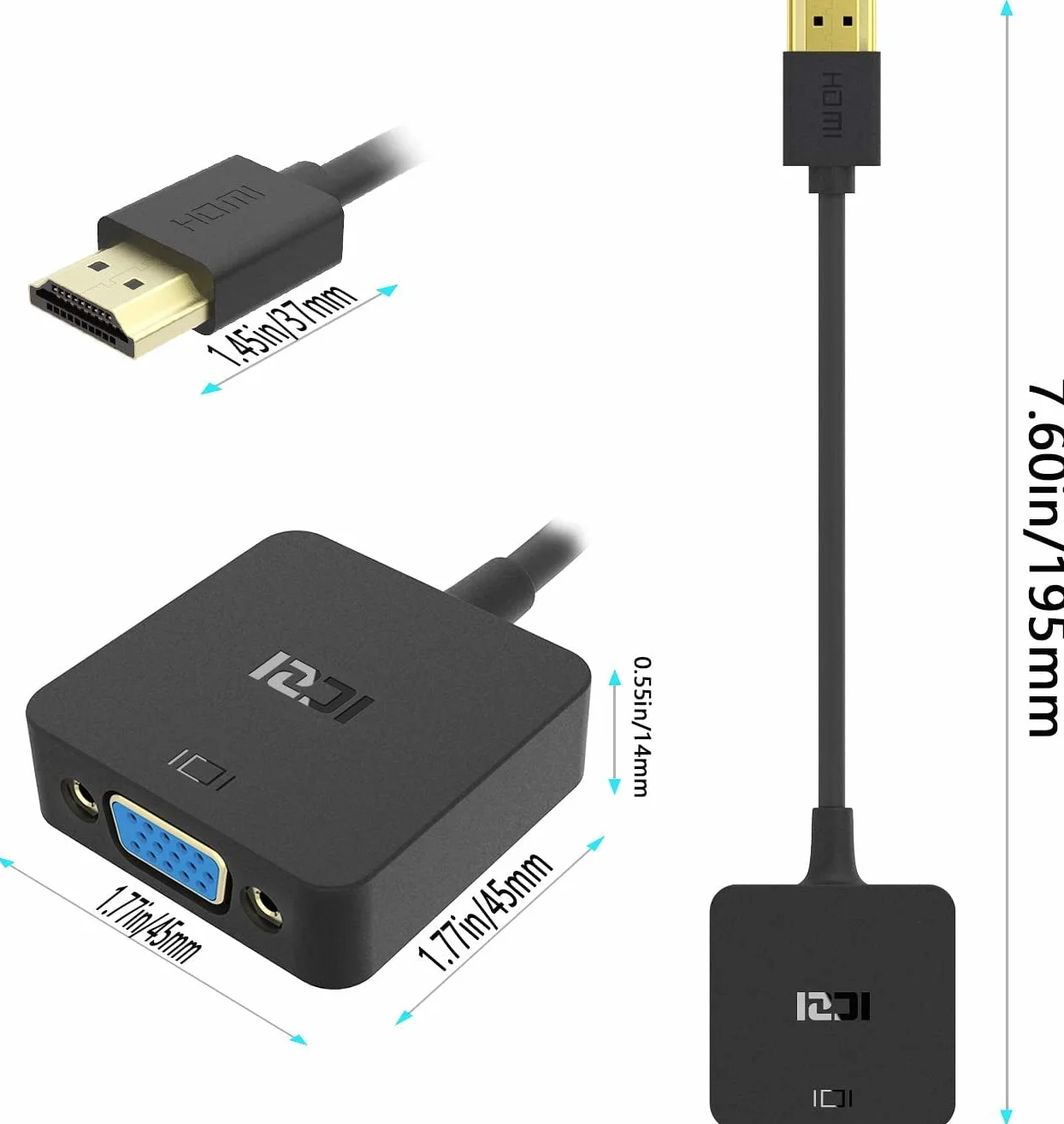 ICZI Adaptateur HDMI vers VGA 1080P Noir Convertisseur HDMI Mâle VGA Femelle