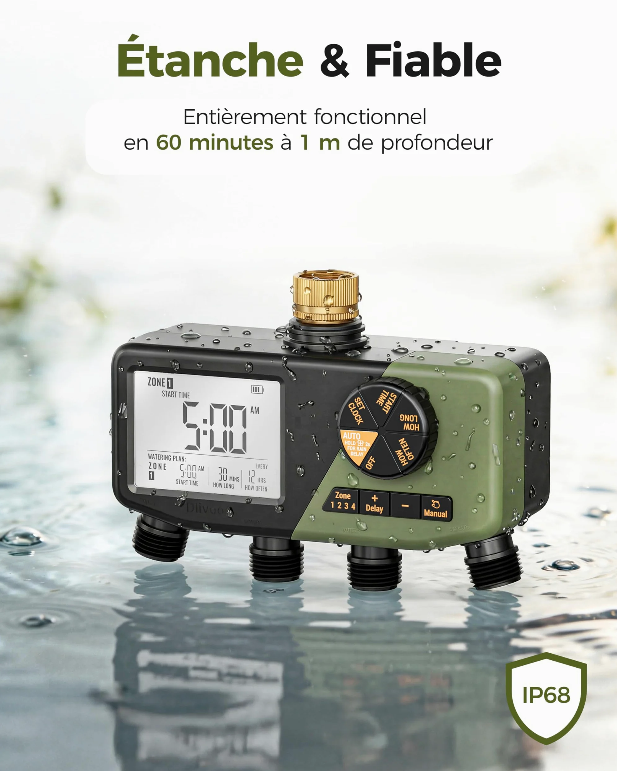 Diivoo IP68 Programmateur Arrosage 4 Voies avec Entrée en Laiton | Grand Écran LCD, Retard de Pluie, Arrosage Manuel/ Automatique, Convient pour Jardin, Pelouse
