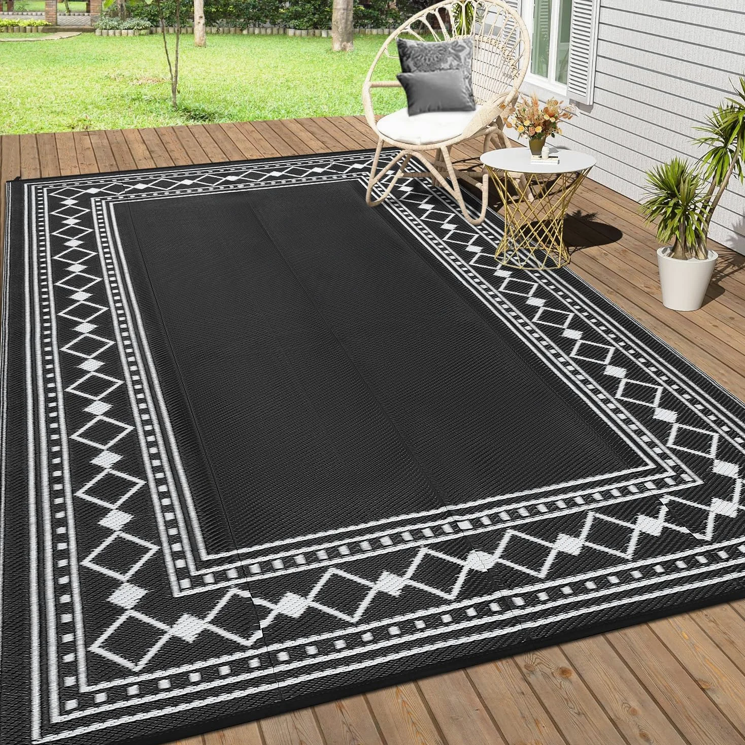 CAROMIO Grand tapis d'extérieur imperméable en paille en plastique, réversible, moderne, géométrique, pour terrasse, facile à nettoyer, tapis d'extérieur pour piscine, jardin, noir, 22,9 x 30,5 cm