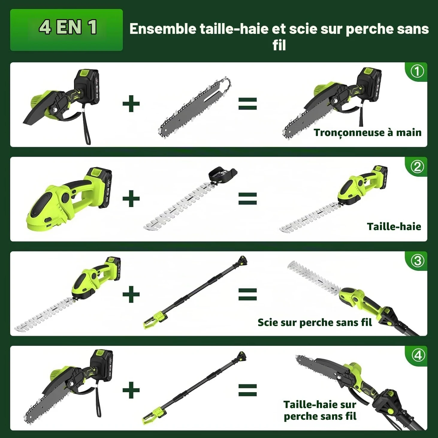Tronçonneuse Électrique et Taille Haie sans Fil avec Perche 4 en 1, Élagueuse sur Perche avec 4 Chaînes 2 Batteries Taille Haies Telescopique, Angle Réglable, Idéal Jardin Verger Élagage/Taille Haie