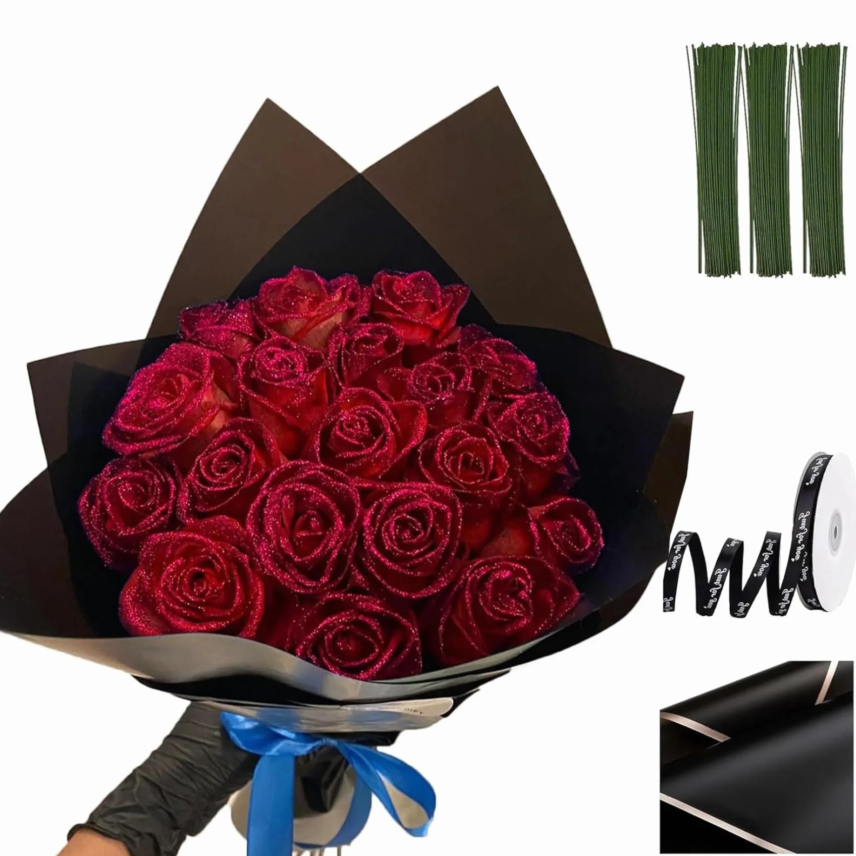 Bouquet de roses scintillantes 9,5 pouces fausses roses bricolage avec tige, rubans d'emballage et papier d'emballage