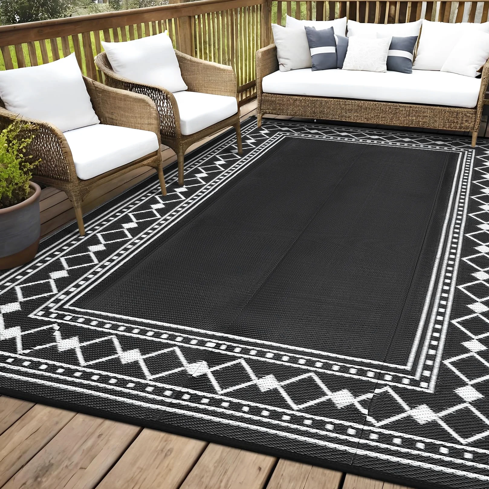 CAROMIO Grand tapis d'extérieur imperméable en paille en plastique, réversible, moderne, géométrique, pour terrasse, facile à nettoyer, tapis d'extérieur pour piscine, jardin, noir, 22,9 x 30,5 cm