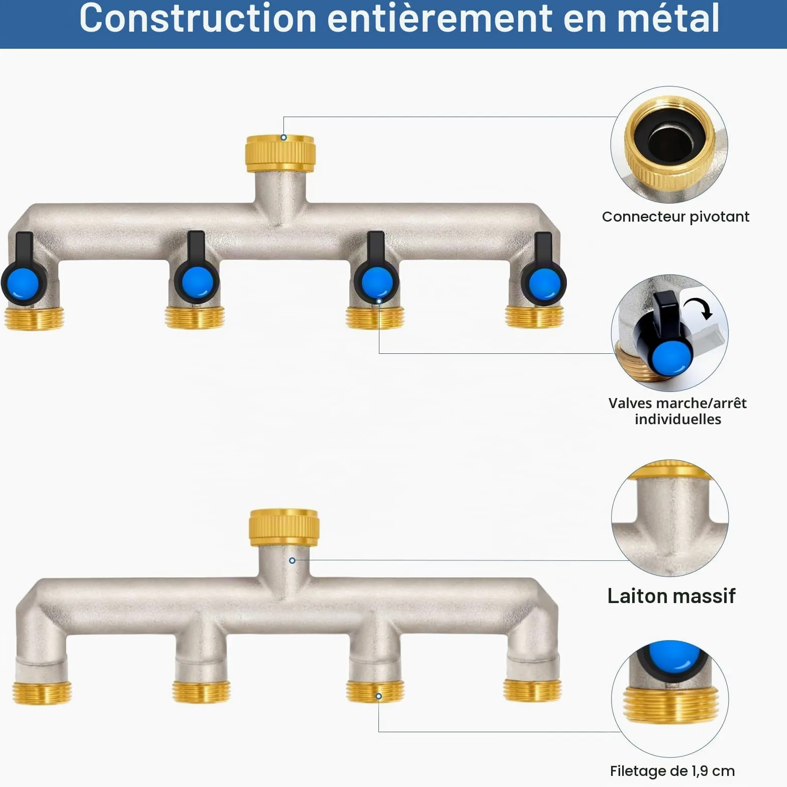 Distributeur d'eau 4 voies en laiton pour 4 appareils/tuyaux d'arrosage, 4 adaptateurs 3/4" 1/2" avec robinet à boisseau sphérique pour régler et fermer le débit d'eau