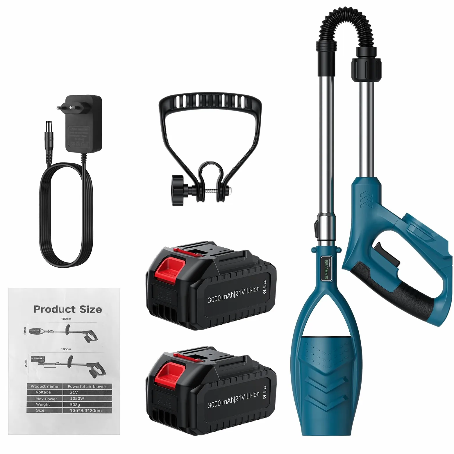GARLLEN Souffleur électrique à batterie, souffleur électrique sans fil avec 2 batteries de 21 V 3000 mAh, 2600 tr/vitesse du vent 28 m/s, tige télescopique réglable pour feuille et enlèvement de neige | Souffleur Électrique avec 2 Batteries-21V 3,0Ah,Légè