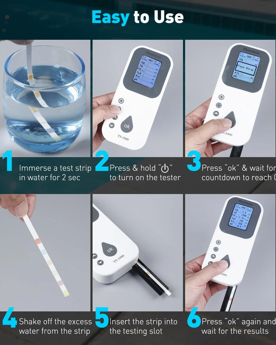 Pawfly Kit Test Eau Numérique 7 en 1 50 Bandelettes Test Spa Testeur Eau Piscine Numérique pH Dureté Totale Chlore Total Chlore Libre Alcalinité Totale Acide Cyanurique et Brome