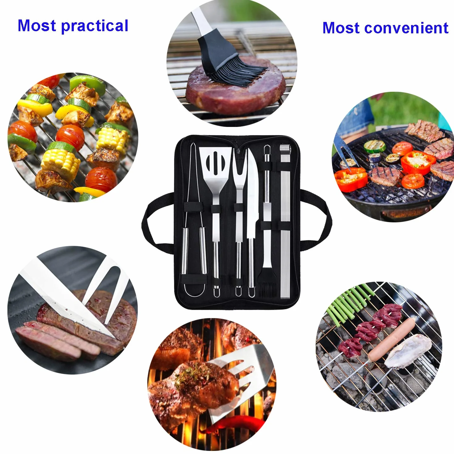 Outil de Barbecue en Acier Inoxydable Portable avec étui de Transport pour Camping