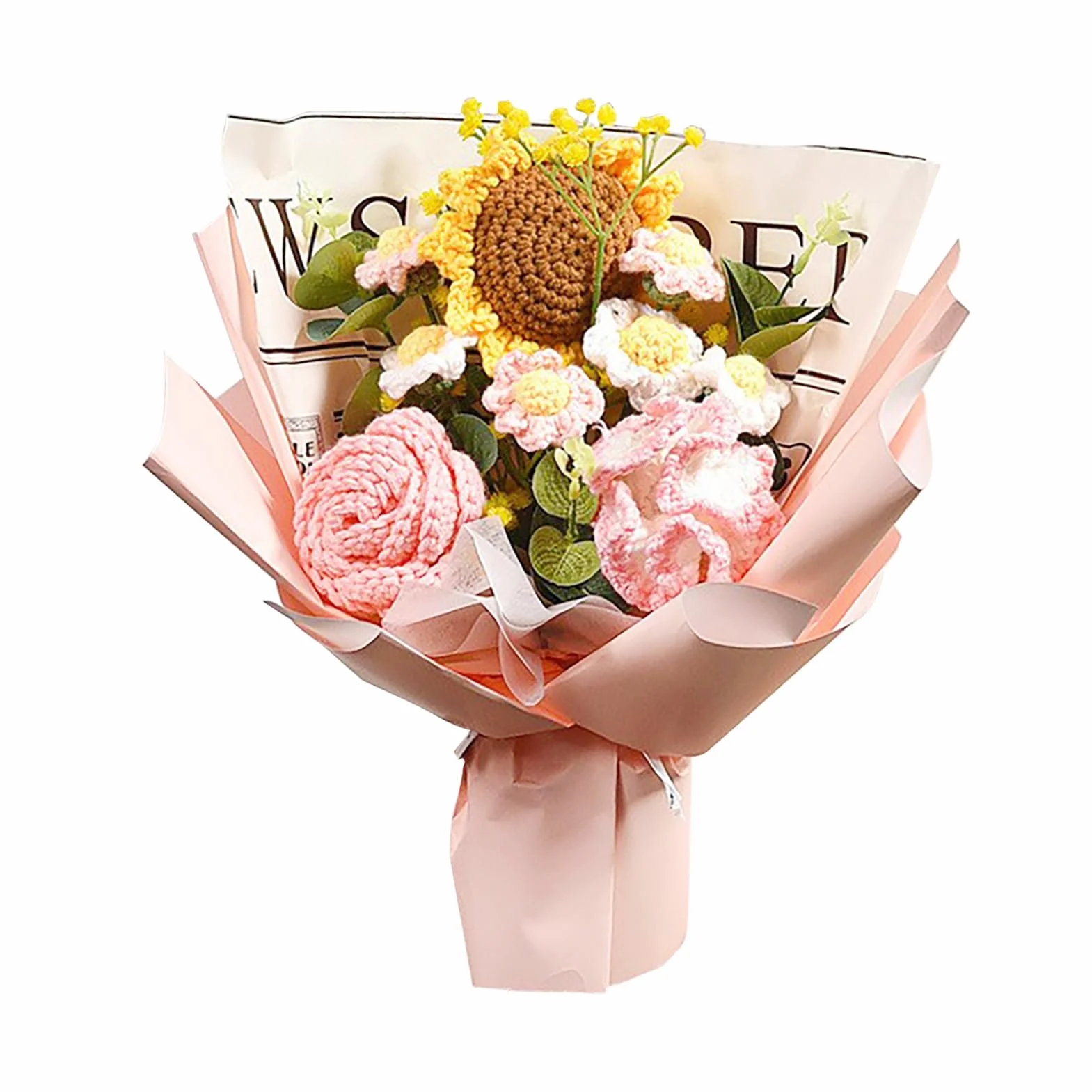 Bouquet de Fleurs au Crochet Fait Main, Tournesol Artificiel, Roses, Marguerites, Kit Cadeau Fête des Mères