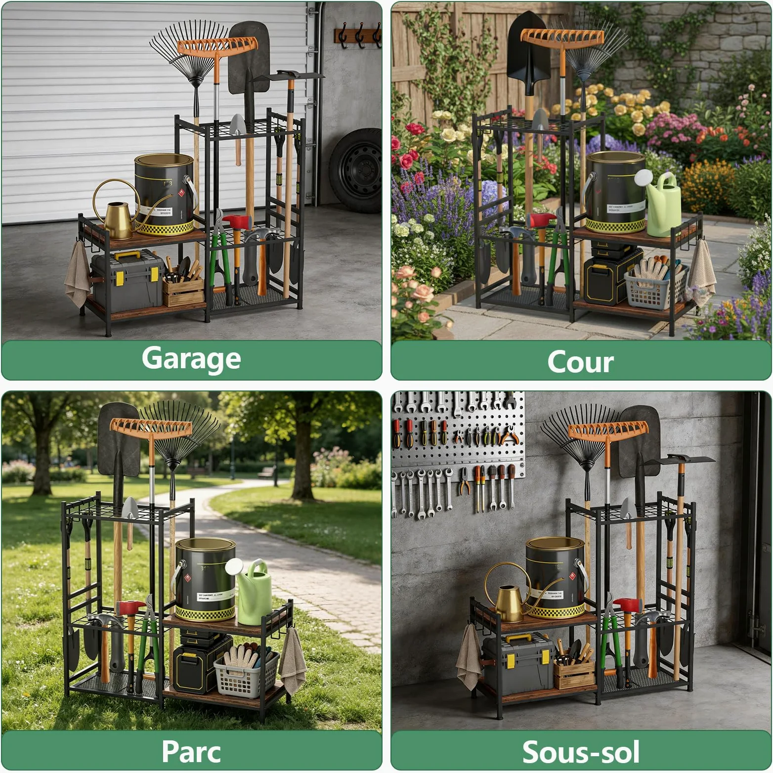 uyoyous Range outils de Jardin étagère à outils à 3 niveaux avec 6 crochets | organiseur d'outils de jardin pour stockage extérieur rangement grande capacité supprort de garage