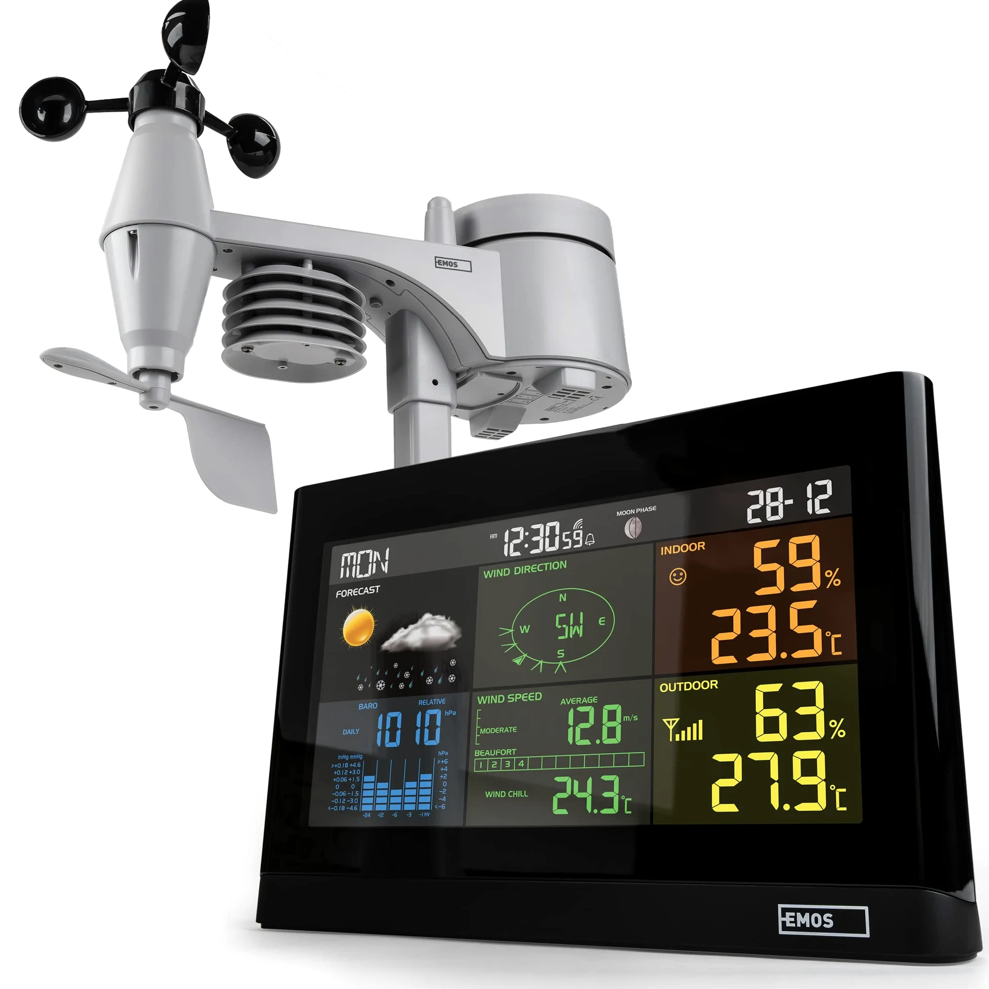 EMOS - Station Météo Intérieur Extérieur sans Fil avec Pluviomètre et Anémomètre - Date & Heure, Température, Humidité, Pression de l'Air, Indice de Chaleur & de Confort - Prévision 12-24h