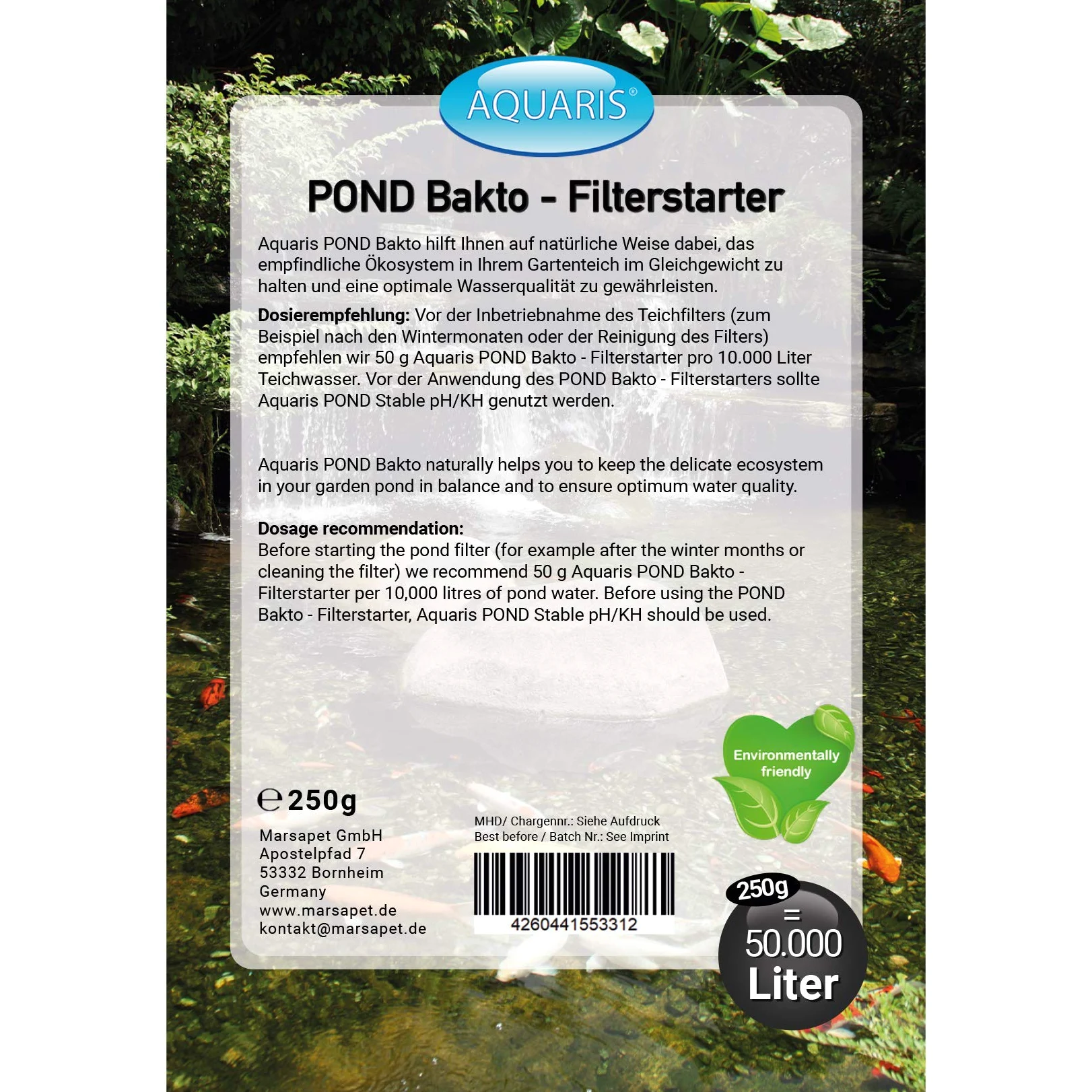 Aquaris Pond Bakto Filterstarter - 250g. Entretien Naturel pour bassins et étangs. Réduit Le Nombre d'algues filamenteuses et purifie l’Eau. sans Danger pour Les Poissons d'étang et Les koïs.