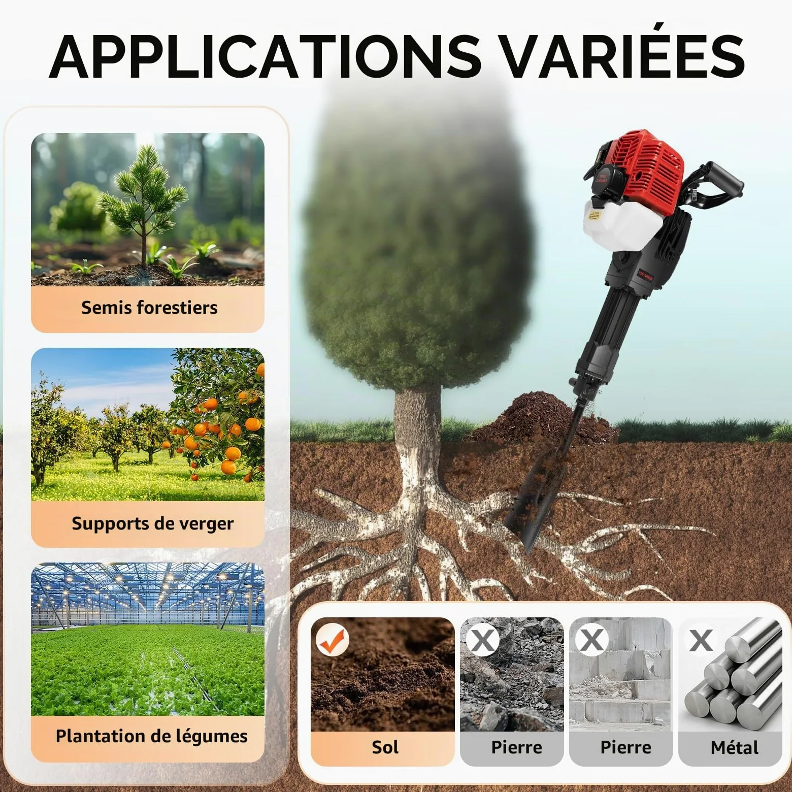 52CC 2-Temps Démolisseur Manuel à Essence Portable Pelle de Jardin Pelle d’Arbre Pelle de Jardin pour la Plantation de Jeunes Arbres en Forêt, Supports de Vigne, Plantation de Légumes